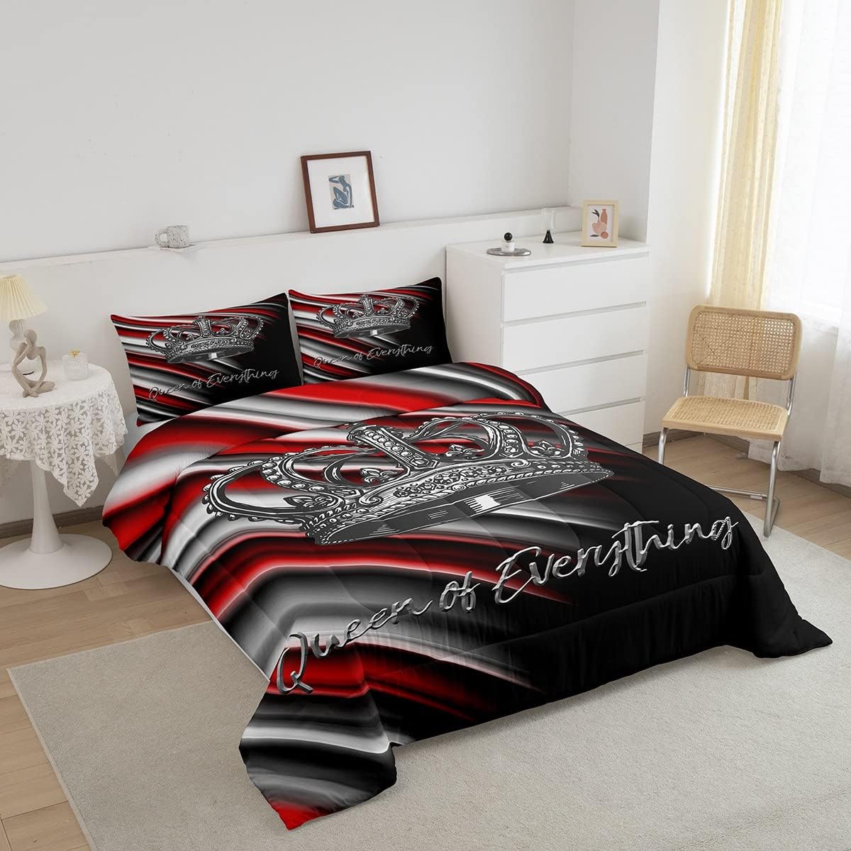 jejeloiu Kids Queen Crown Comforter Set King Size Red and White Strip Bedding Set for Boys Teens Decor Geometric Lines Comforter Modern Abstract Art Black Red Duvet Set Bedroom 3Pcs