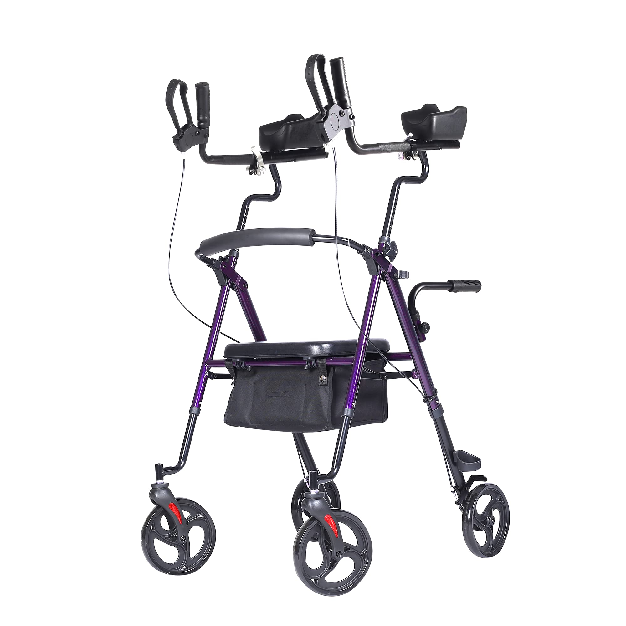 ELENKER Upright Rollator Walker, Tall Stand Up Rolling Walker with PU Foam Seat and Sit-to-Stand Handles for Seniors from 4’8” to 6'4"( Purple)