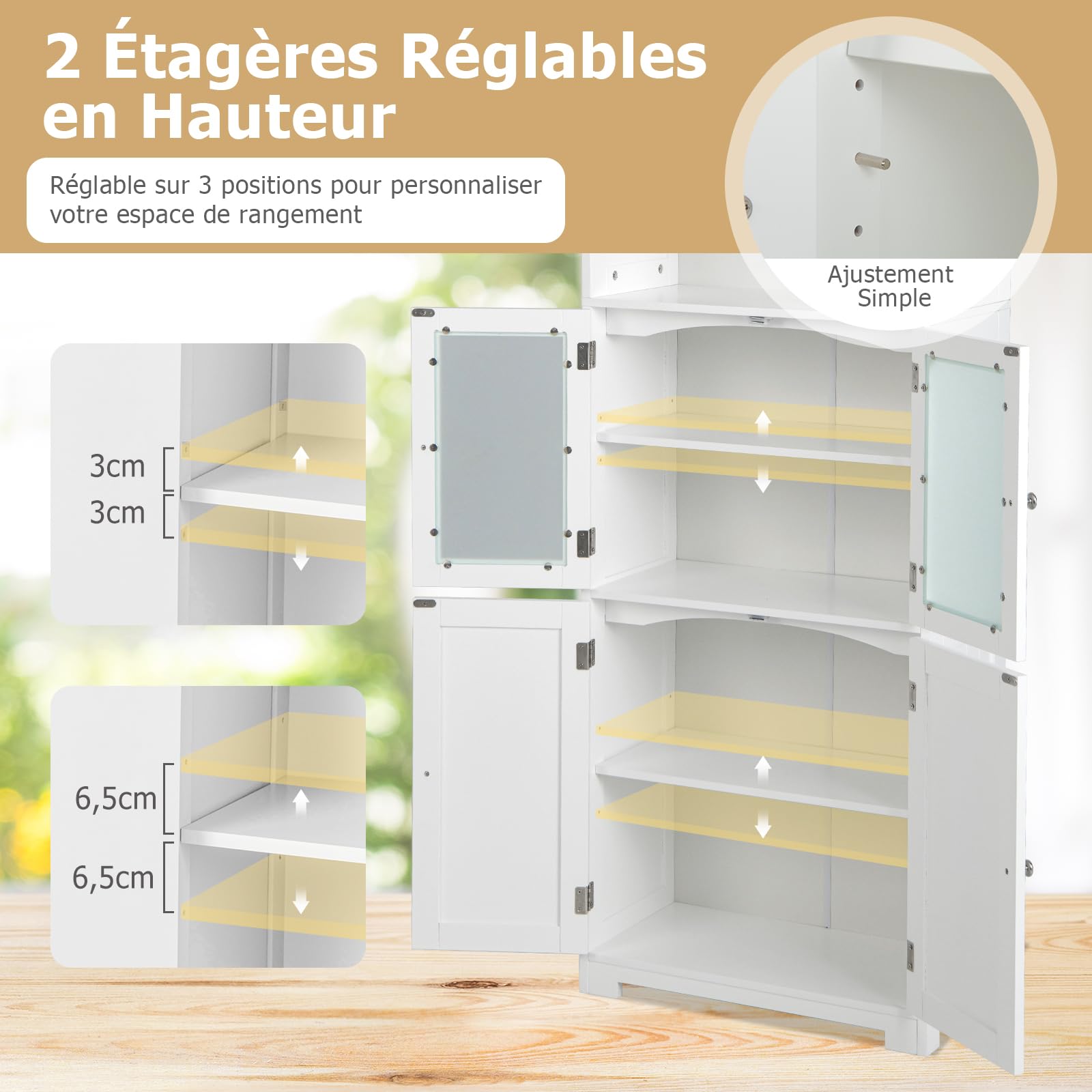 GOPLUS Meuble de Rangement pour Salle de Bain avec 3 Parties, Rangement 6 Niveaux avec 2 Étagères Ouvertes et 2 Compartiments, Portes en Verre Transparent et Poignées Métalliques, Gris
