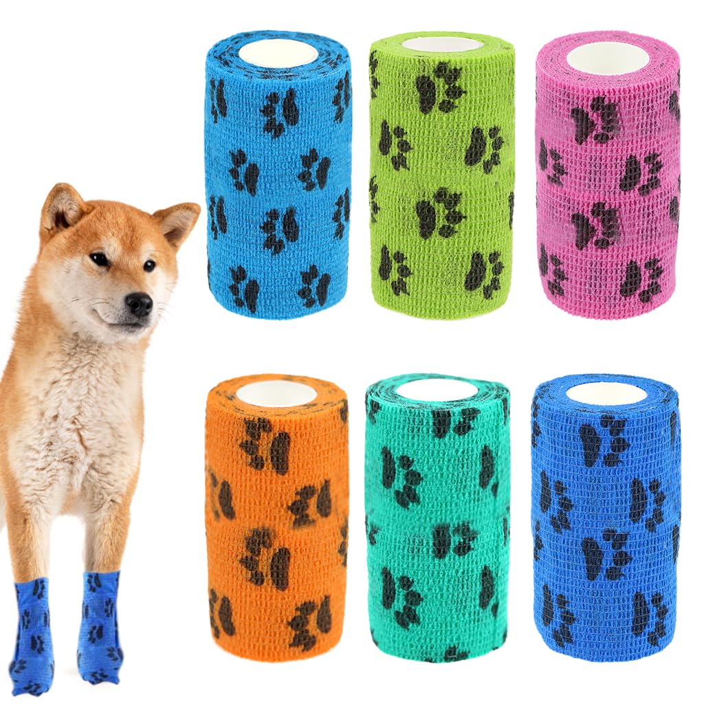 Qpets® 6Pcs Dog Bandages for Walk, Self-Adhesive Pet Bandage with Cute Paw Print Design, Waterproof Non-Woven Cat Dog Injury Recovery Wrap Lick-Proof & Breathable (10x5.4cm, Total Length 4.5M)