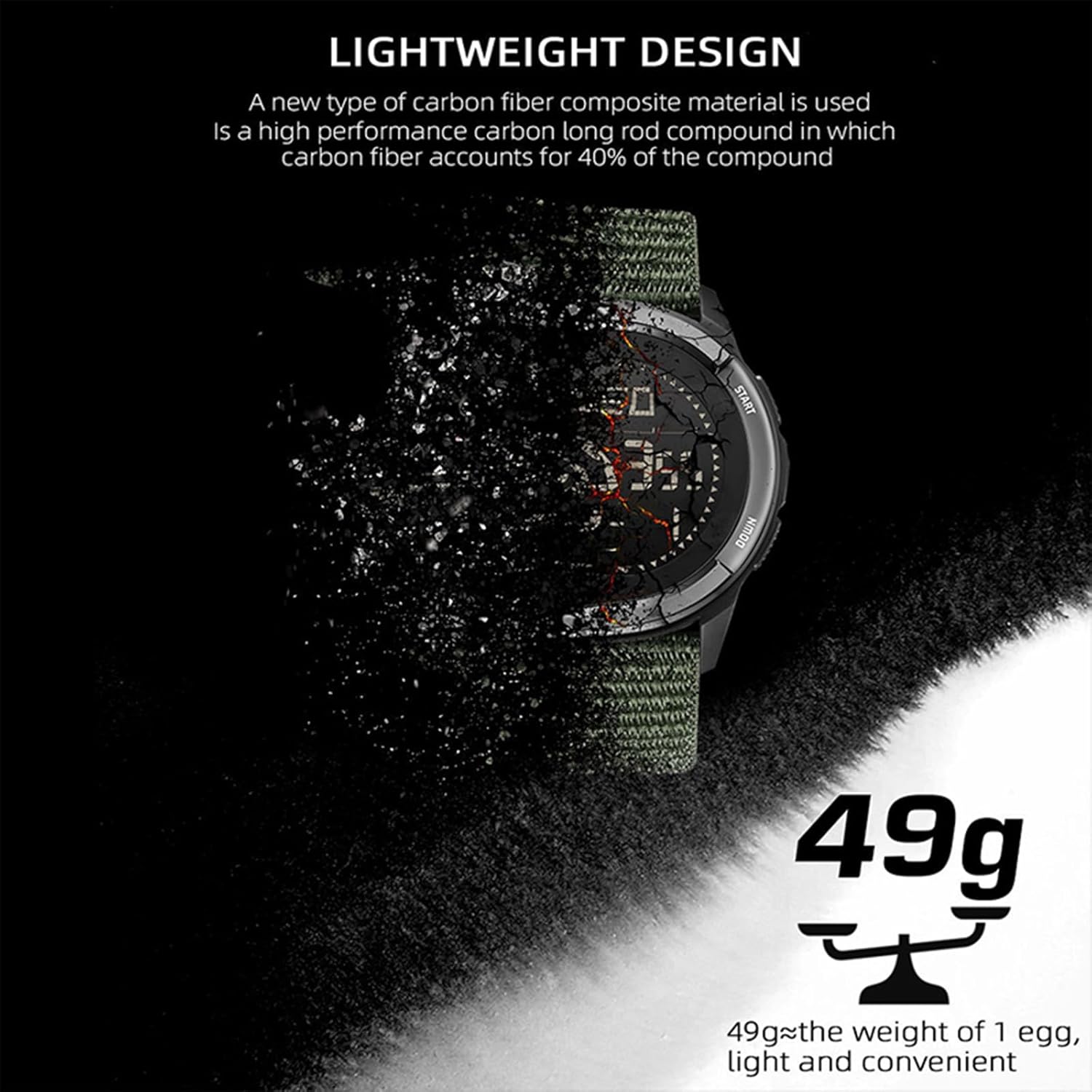 Carbon Fiber Digital Watch with Compass, Ultra-Lightweight Military Tactical Watch for Men, 5ATM Waterproof, Pedometer, Metronome, Waterproof 5ATM/164FT