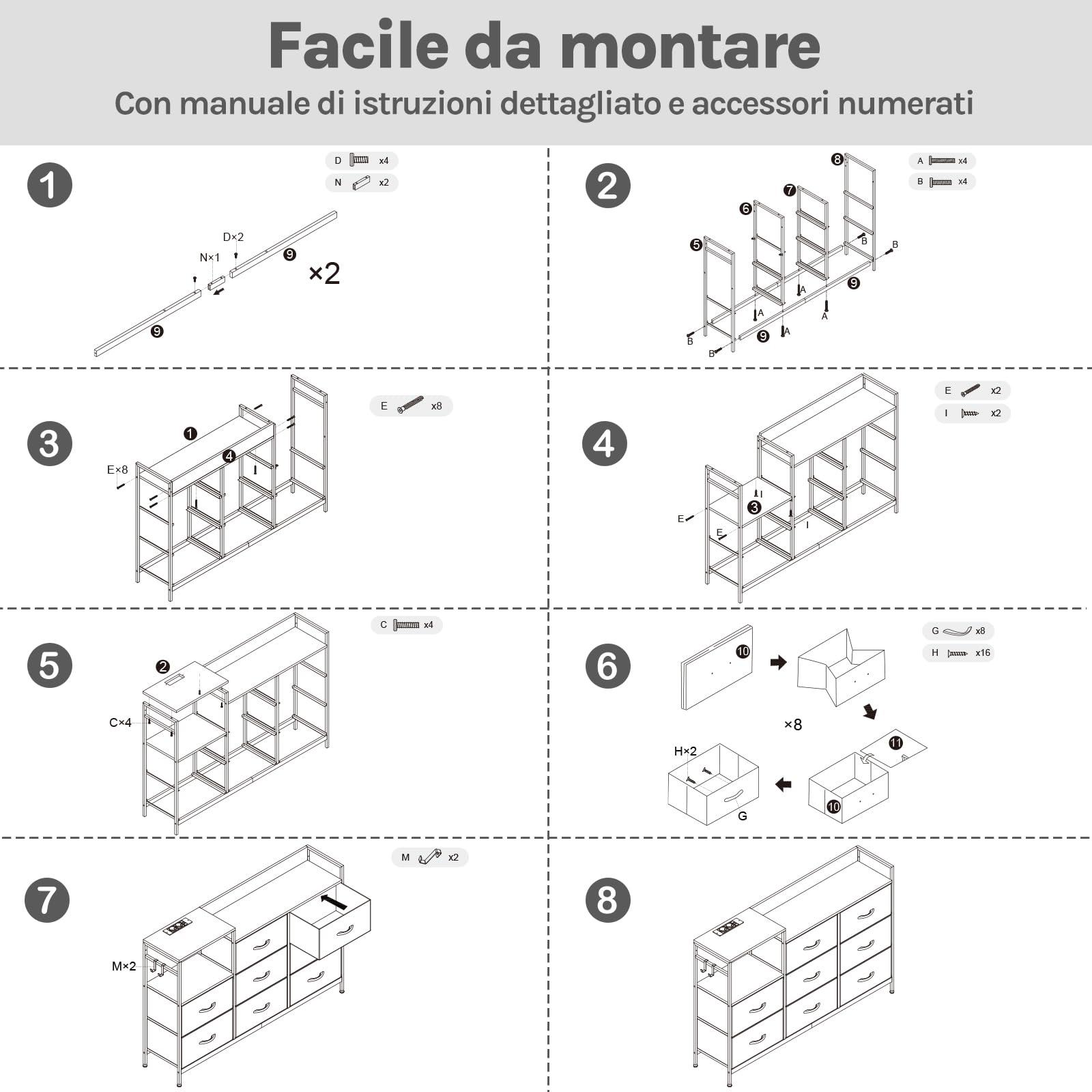 WOLTU Cassettiera a 8 Cassetti in Tessuto, Cassettiera per Camera da Letto, con Sezione di Ricarica e Ganci, Piani Legno e Struttura in Metallo, Marrone Rustico+Nero
