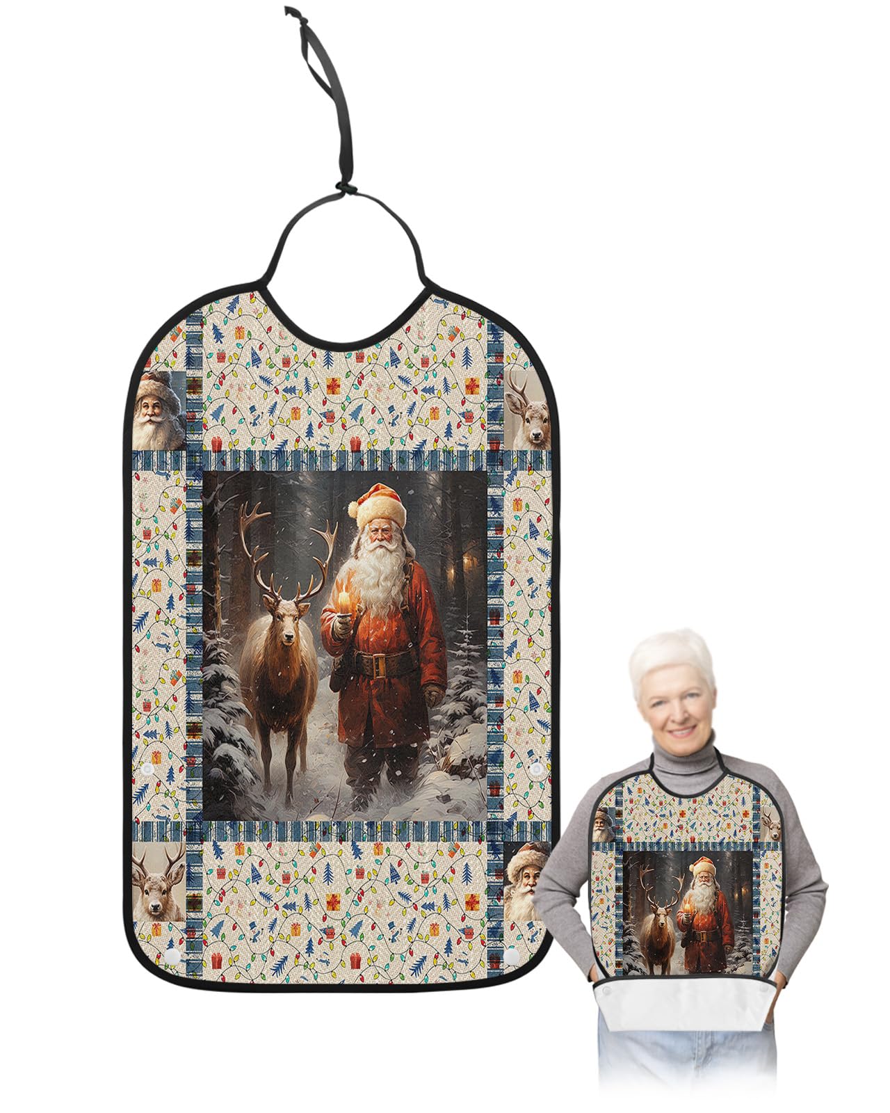 Santa Elk Adult Bib for Adults Men, Women, Washable & Adjustable Terry Cloth Bib with Crumb Catcher Reusable Waterproof Clothing Clothes Protector Apron Christmas Farmhouse Forest Winter Deer