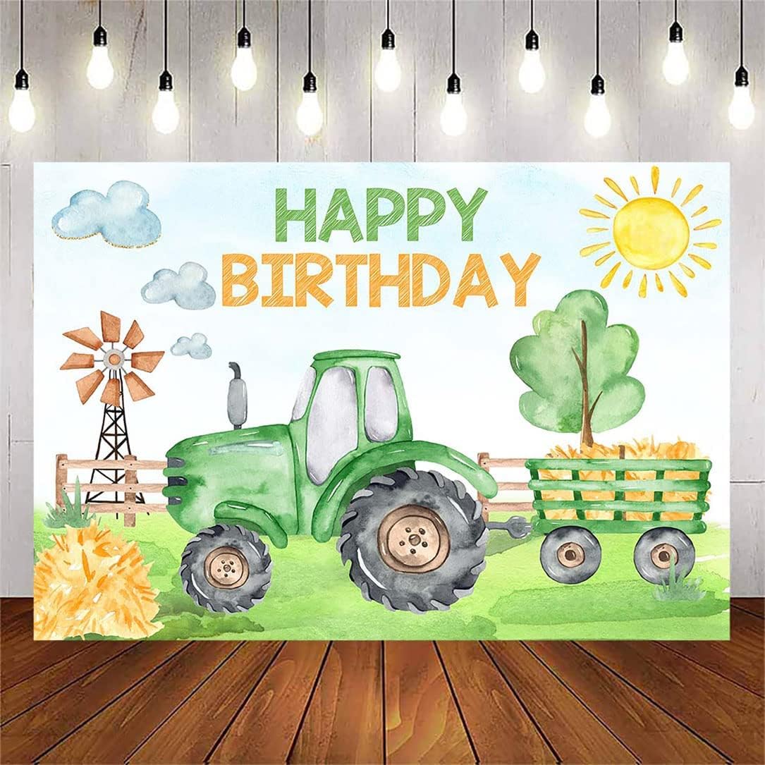 Avezano Farm Green Tractor Birthday Party Backdrop for Kids Farmyard Theme Happy Birthday Party Decorations Banner Supplies Photo Booth Prop (Green, 7x5ft)