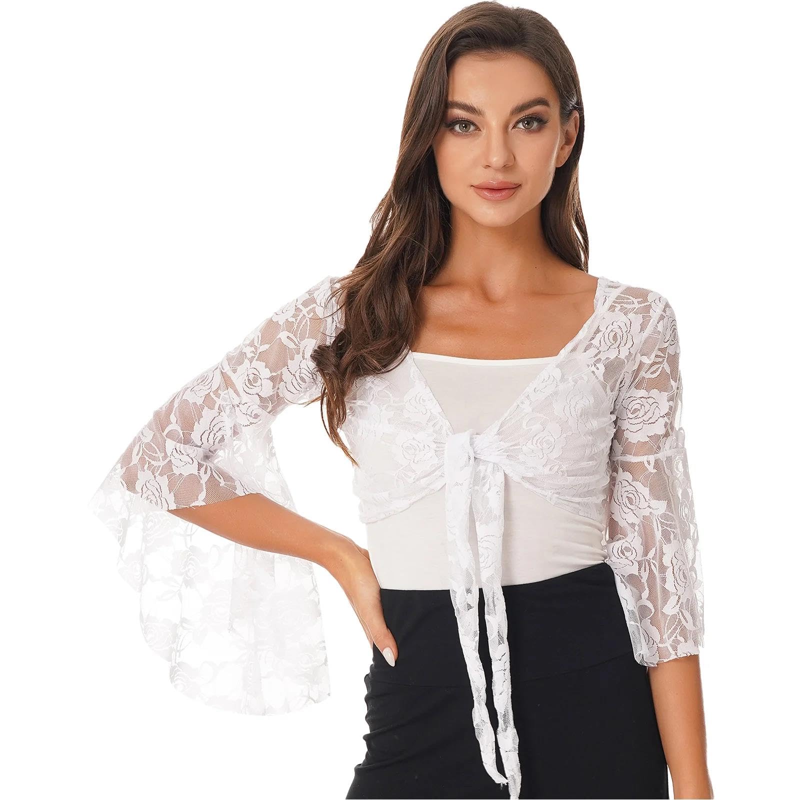 Sexy Damen Crop-Top Mit Ausgestellten Ärmeln Aus Transparenter Spitze Mit Schnürung Und Wickeln