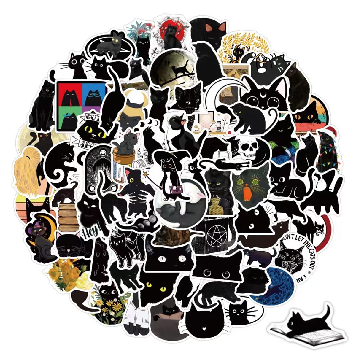 100PCS Black Cat Stickers Halloween Cute Cartoon Decorations Laptop Sticker Wardrobe Car Skateboard Motorcycle Bicycle Mobile Phone Luggage Guitar DIY Decal for Teens (Black Cat Stickers 100)