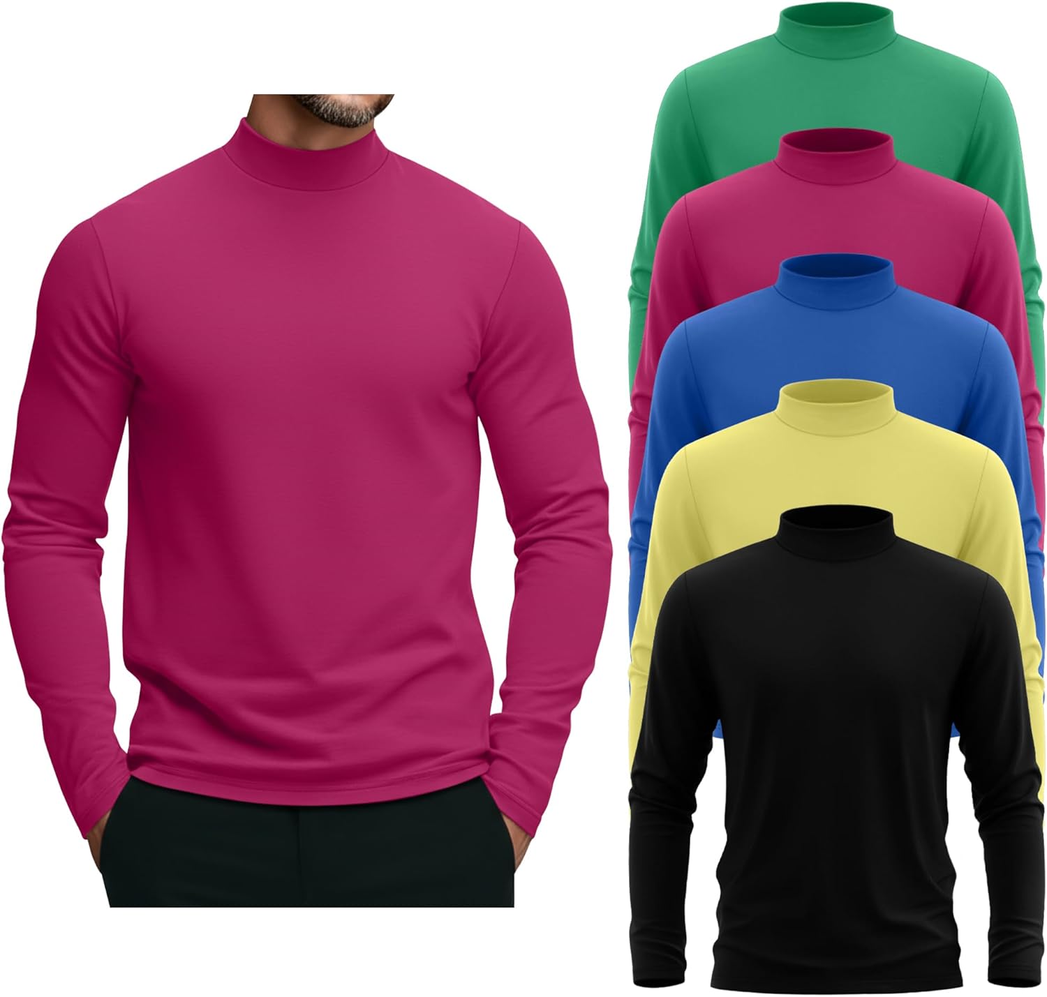 5 Pack Men's Mock Turtleneck Shirts, Long Sleeve Tops Pullover Basic Casual Slim Fi...
