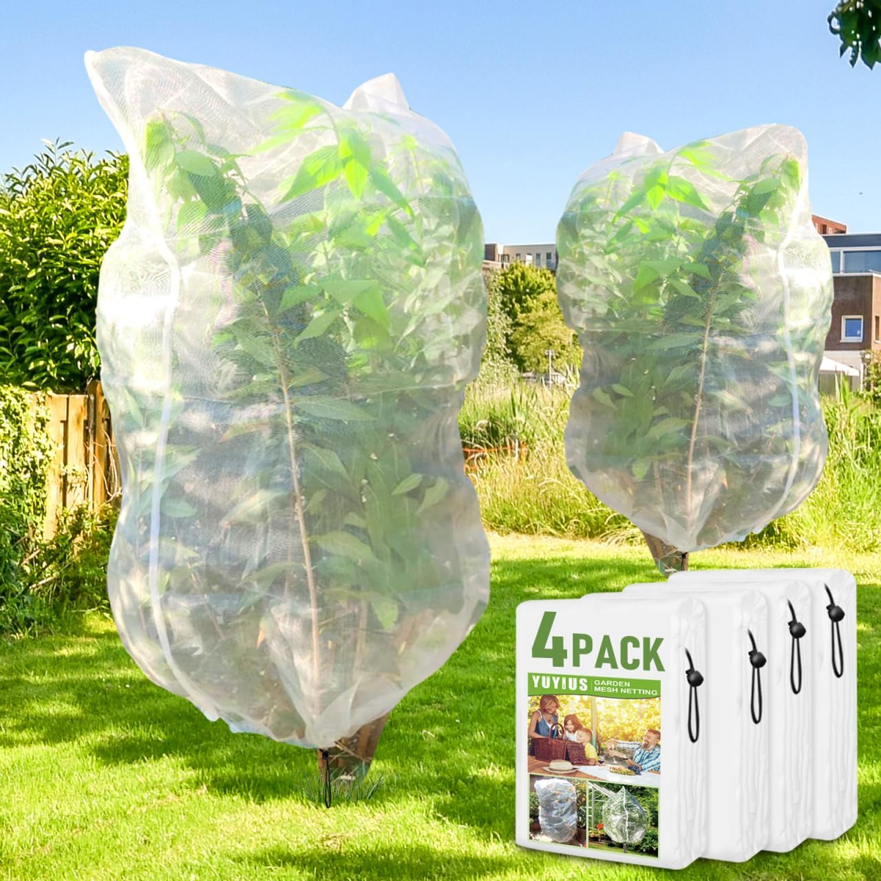 Fruit Tree Netting, Plant Mesh Netting for Garden Protection, Blueberry Bush Insect Netting Cover as Garden Pest Barrier from Cicadas, Bug, Bird (4.9x4 FT, 4Pcs, Zipper & Drawstring Design)