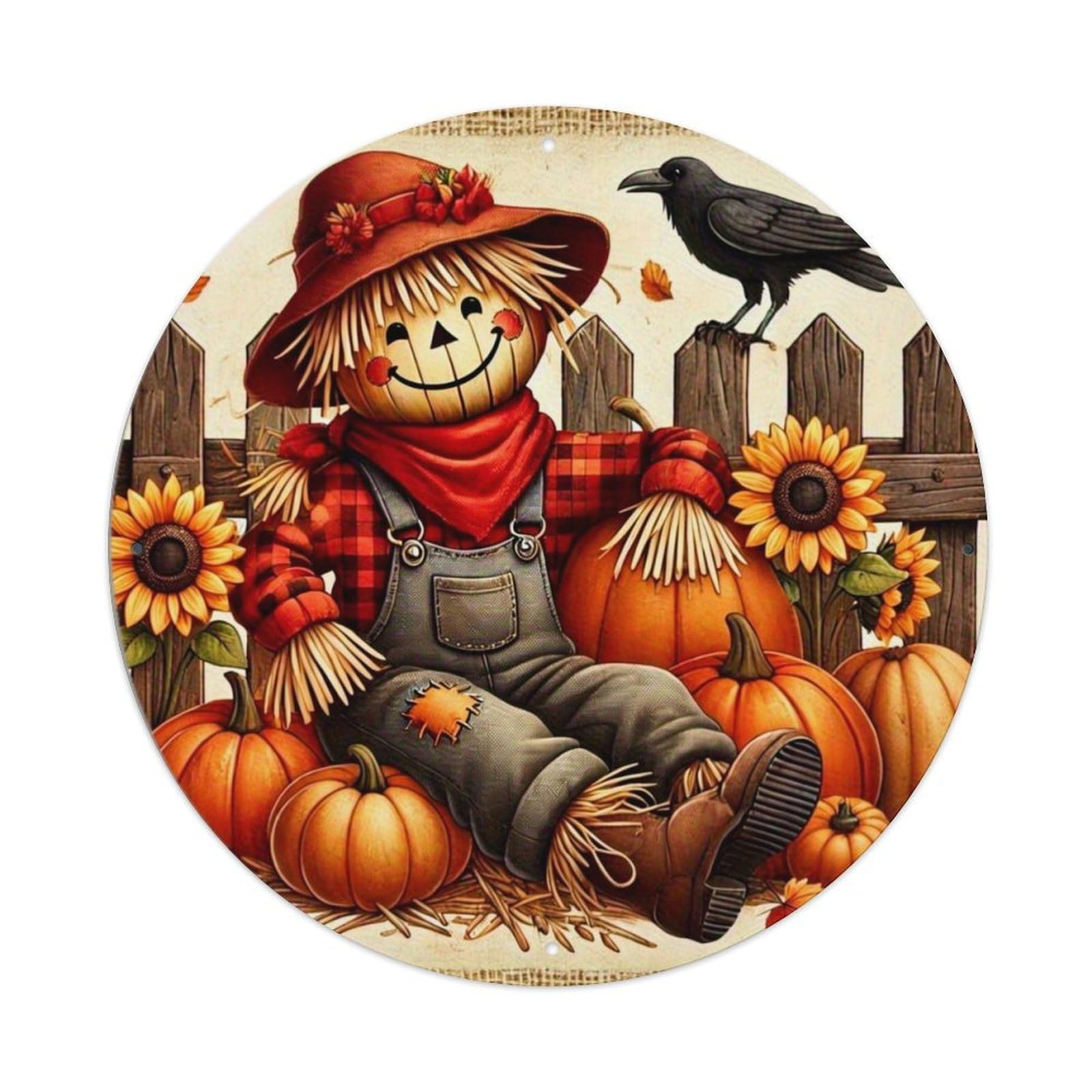 Scarecrow Pumpkin Sunflower Autumn Scene Tin Sign Metal Poster Vintage Metal Signs for Home Man Cave Bar Cafe Kitchen laundry room Wall Decorations 8x8 inches