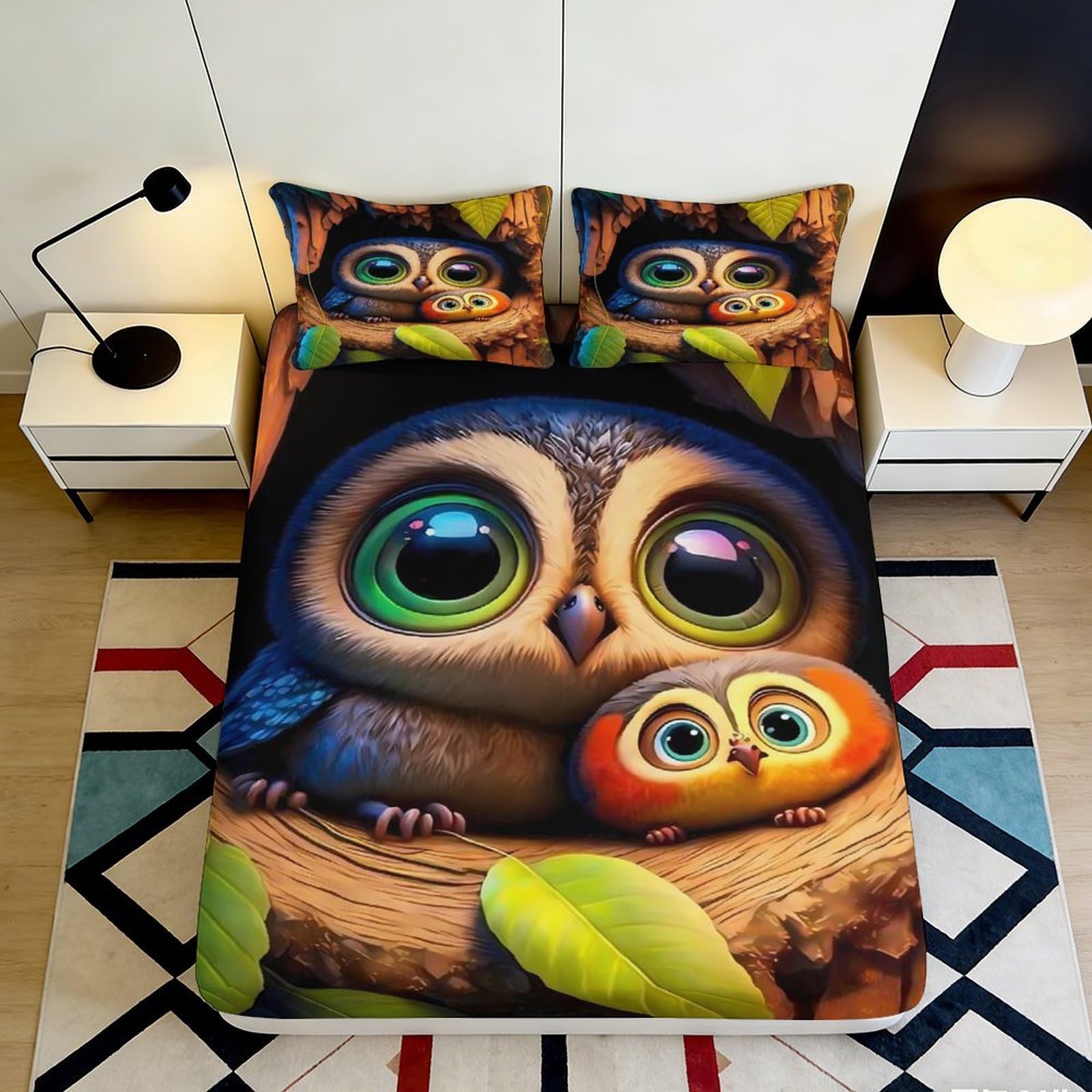 3D Printed Owl Family Fitted Sheet Microfiber Soft Colourful Cartoon Bird Mattress Cover for Bedroom Guest Room 90x200x25cm