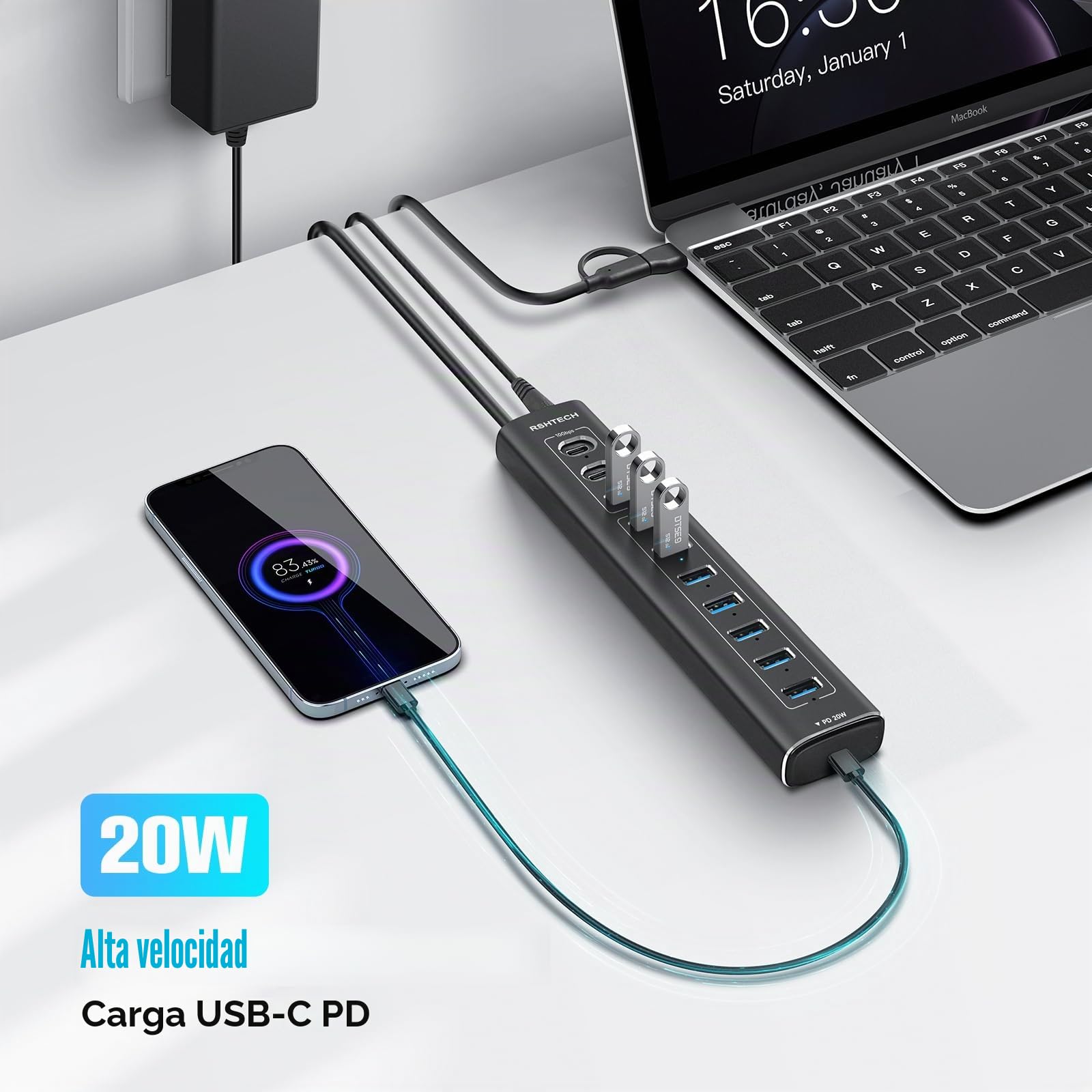 Hub USB Alimentado, RSHTECH 11 Puertos Hub USB 3.2 con Alimentación 60W(12/5A), Puerto Datos USB 10Gbps (2*Tip-C, 1*Tip-A), 7*5Gbps USB 3.0 y 20W PD, Divisor USB Aluminio con Cable 2 en 1, RSH-A11PD