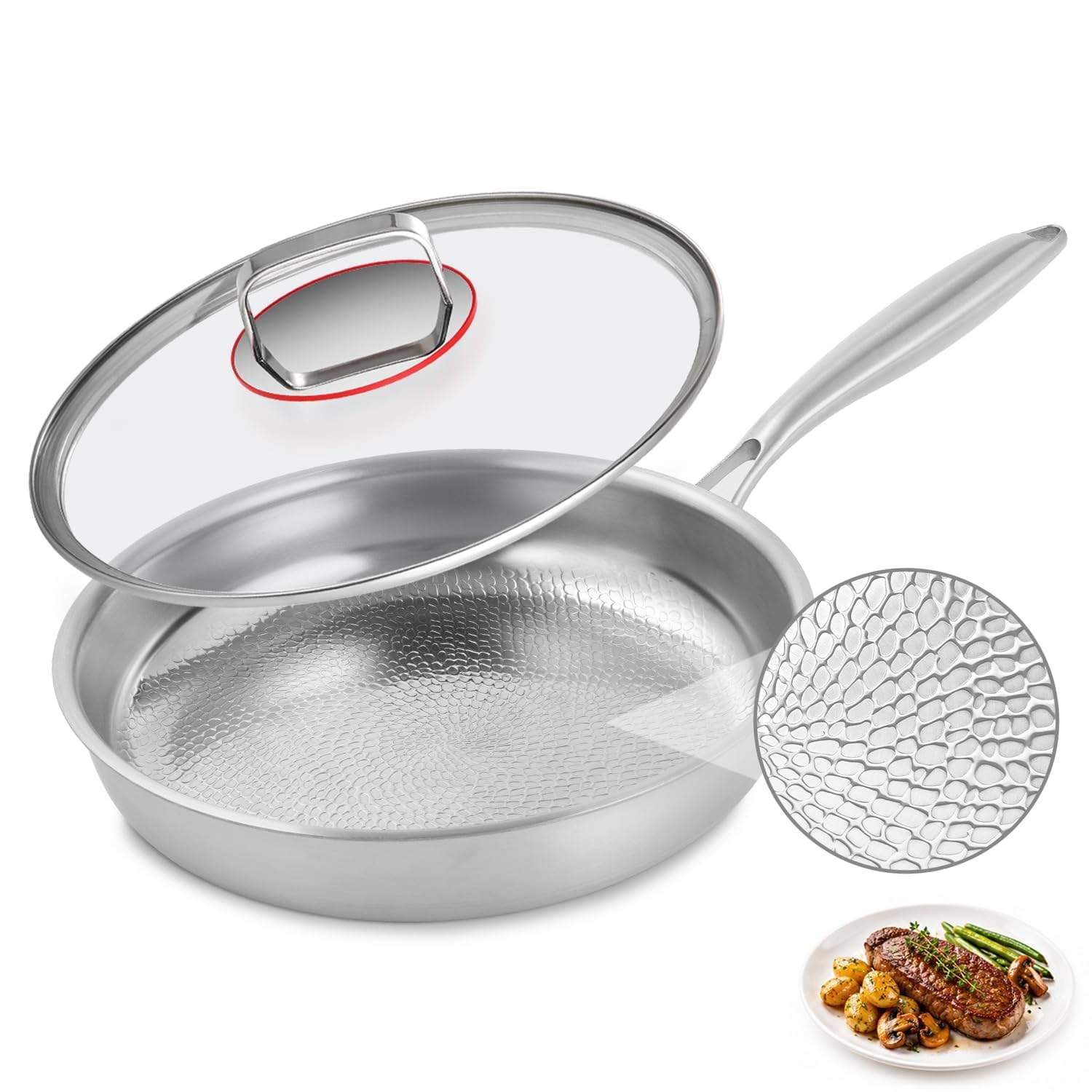 Akaice Titanium Pans for Cooking, 10" Pure Titanium Hammered Pro frying au gratin pan with Lid | Non-Toxic Skillet | Hammered Chef-Grade Design | PFAS/PFOA/PTFE-Free | Induction & Oven-Safe