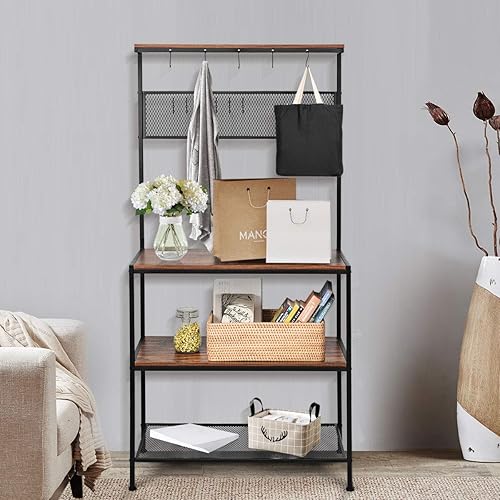 Miniatura 8 de RELAX4LIFE Soporte para microondas con 11 ganchos, estante de metal y patas ajustables para especias, ollas y sartenes, estante de almacenamiento de