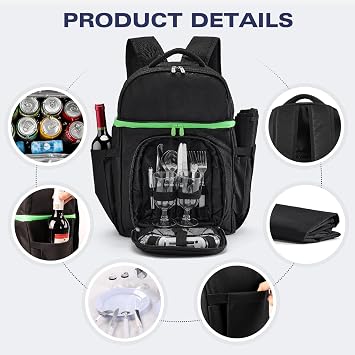 Vogano Picnic Backpack & Accessories Insulated Picnic Set for 2 Person with Dual Compartments, Lightweight Blanket, Cutlery Set, for Newlyweds and Couples Gifts Black