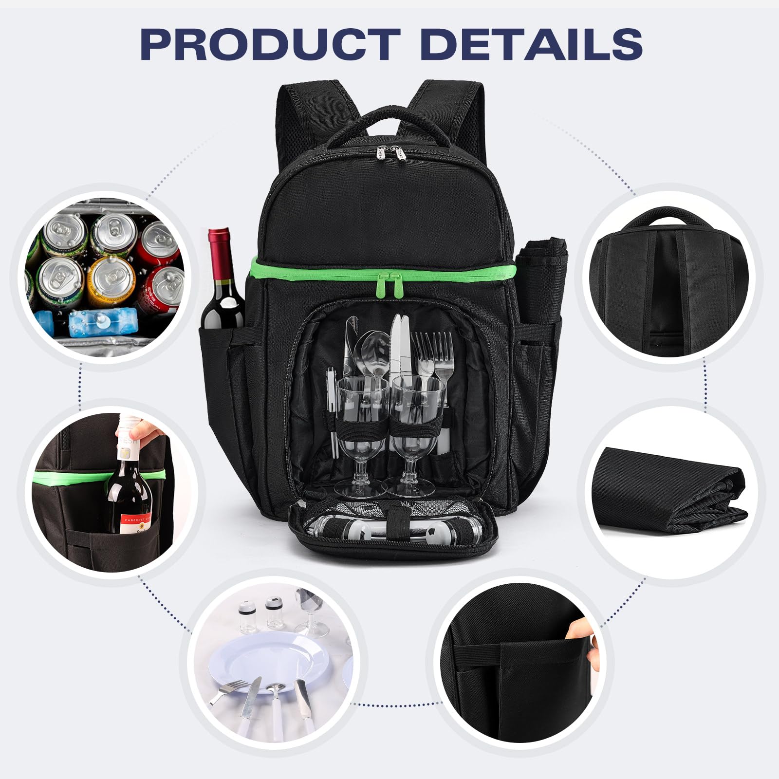 Vogano 2-in-1-Kühlrucksack, isoliert, wasserdicht, leicht, mit Picknick-Besteck-Set, Decke, schwarzer Lunch-Rucksack