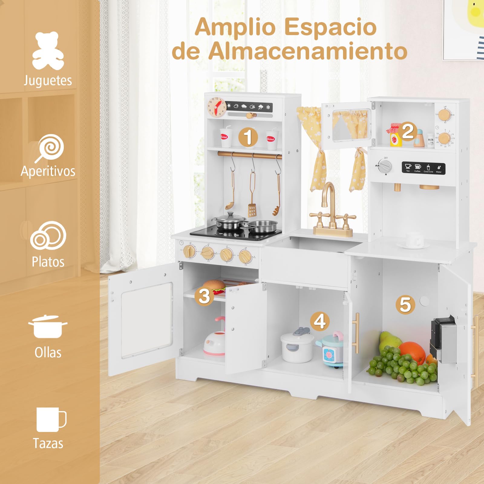 GOPLUS Juego de Cocina de Juguete, Cocina Juguete para Niños con Cafetera, Horno, Fregadero, Cortina, Microondas, Sonidos y Luces Reales, Cocinitas de Juguetes para Niños de 3+ Años (Blanco)