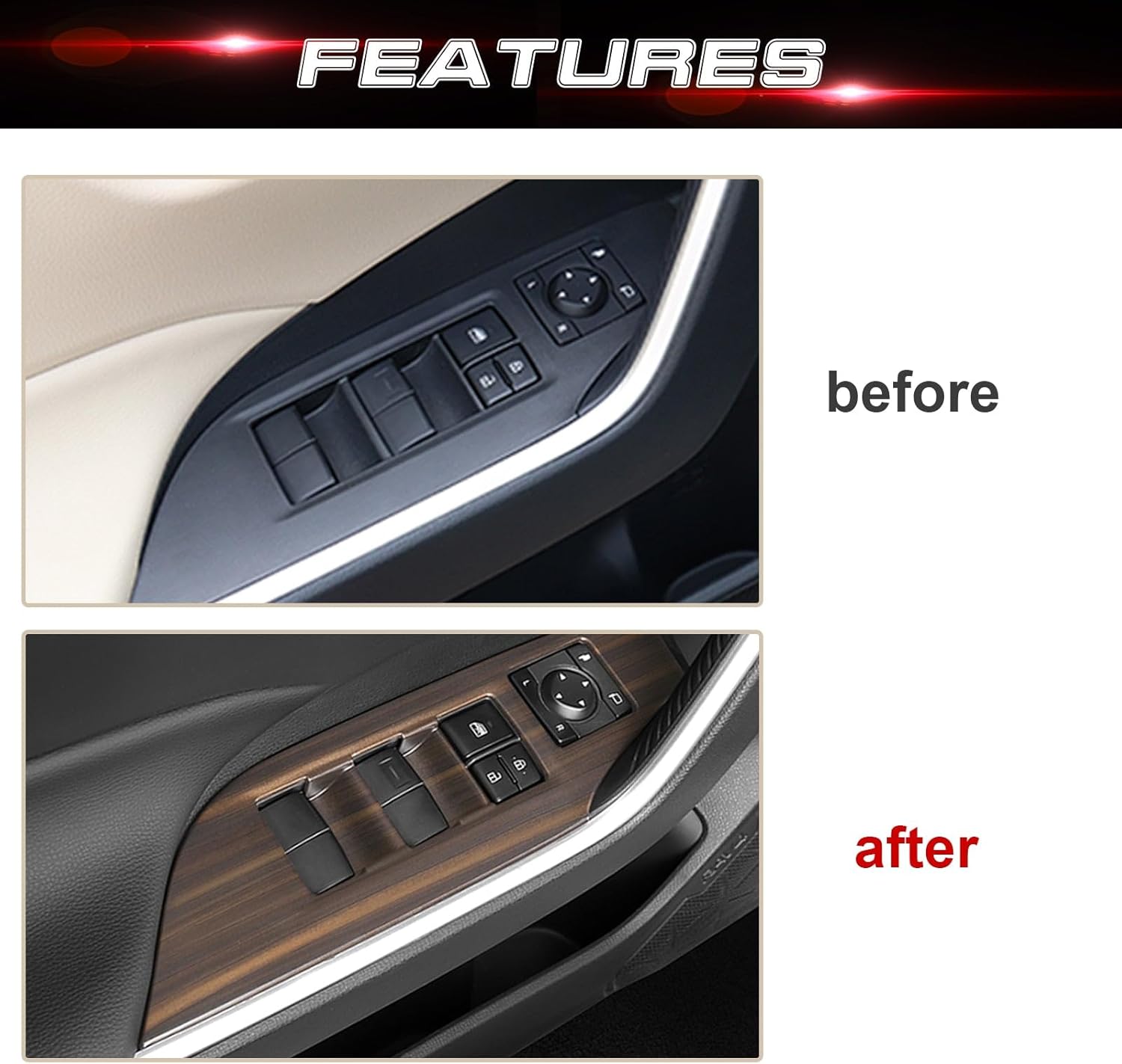 x xotic tech Inner Window Lift Door Lock Switch Control Panel Cover Trim, Wood Grain, Compatible with Toyota RAV4 2019 2020 2021 2022 2023 2024 2025