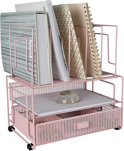 Organizador de escritorio rosa BLU MONACO  Clasificador de archivos de metal con cajón  Suministros de oficina y almacenamiento de escritorio para