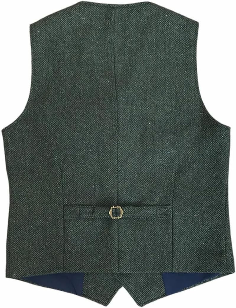Mens Dark Herringbone Single Button V Neck Suit Vest With Utility Pockets