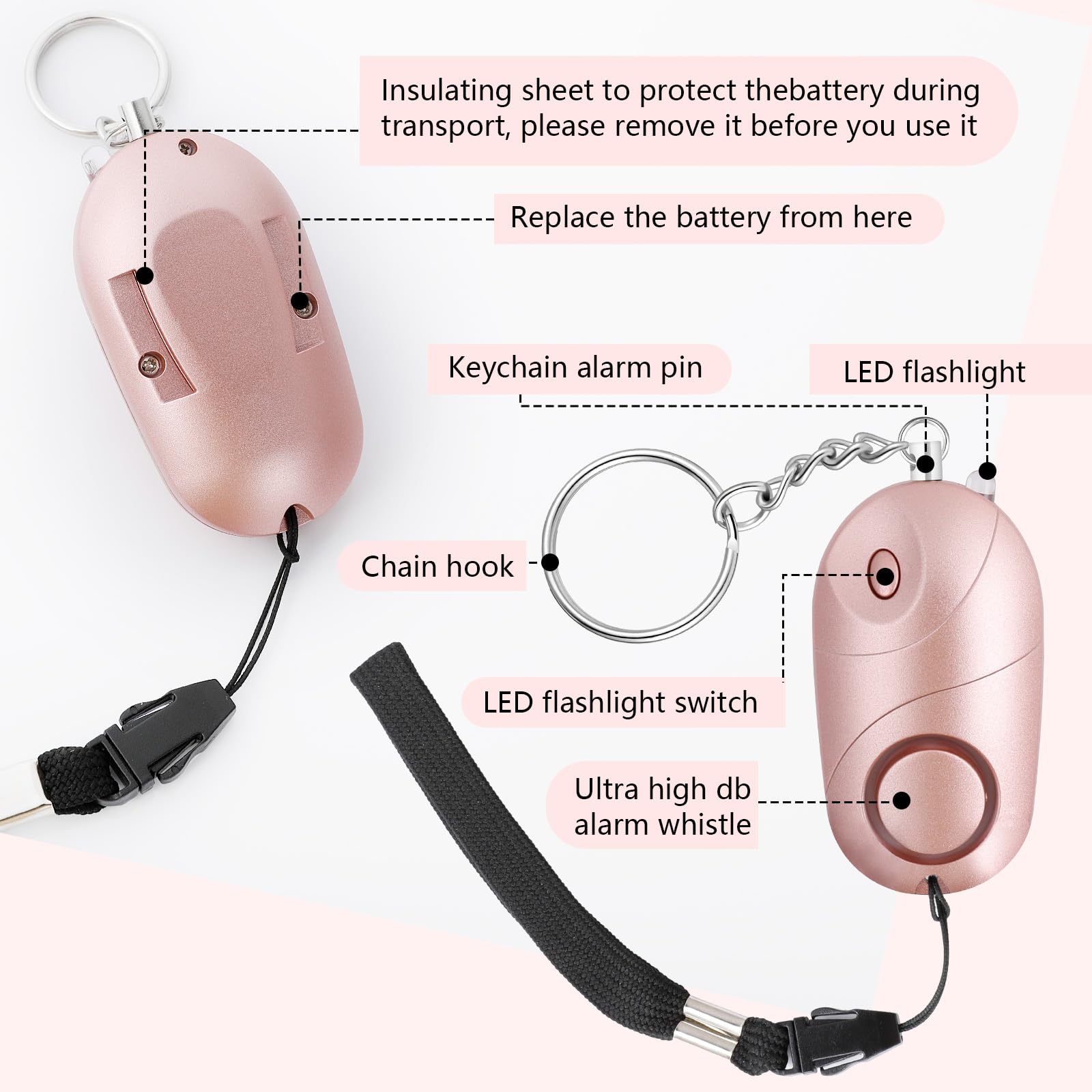 AiQInu Zestaw 2 breloków syreny, alarm osobisty dla kobiet, alarm samoobrony, 140 dB, LED, dla kobiet, seniorów, studentów (różowy, czarny)