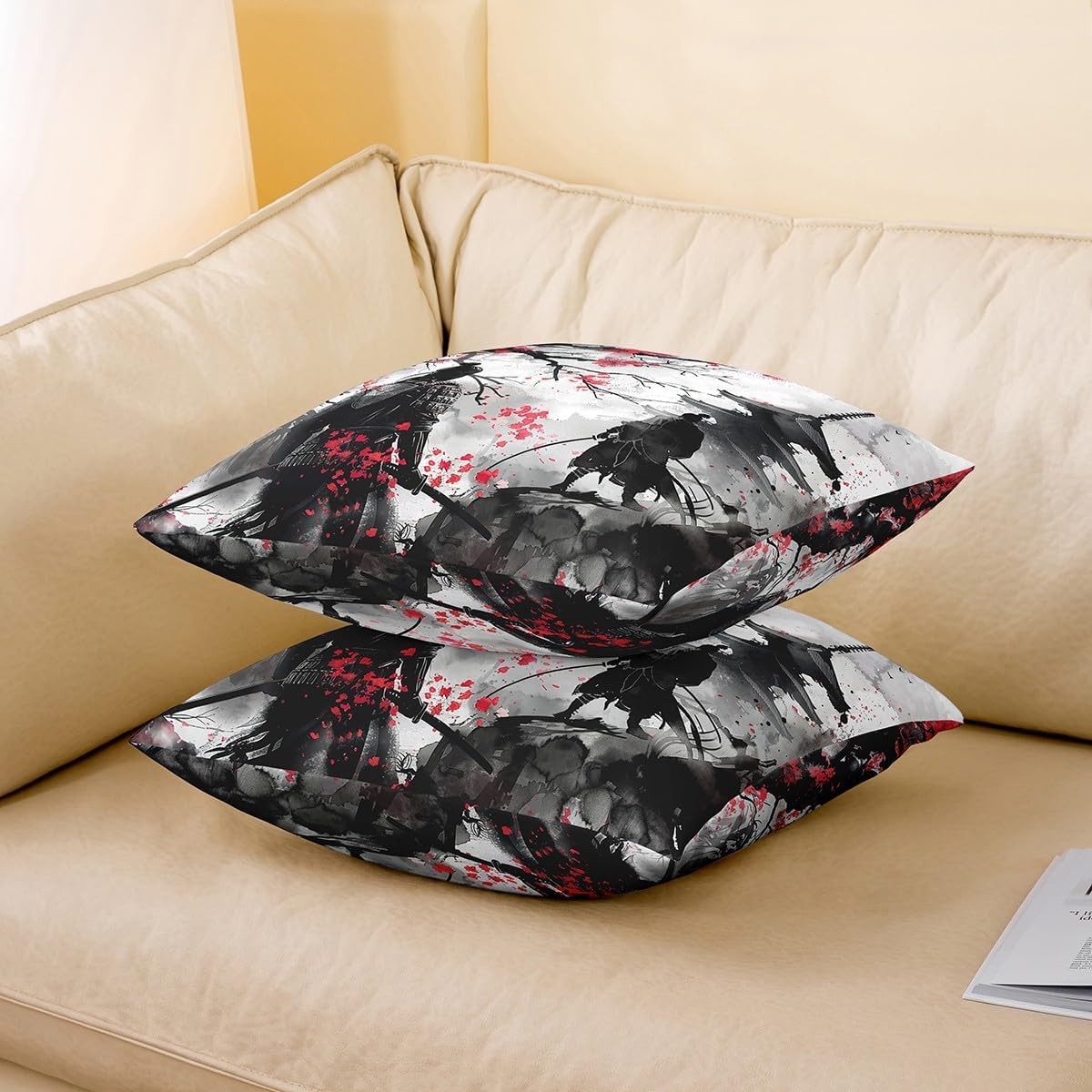Feelyou Japanese Samurai Throw Pillow Covers 24"x24" Set of 2 Kids Japanese Ukiyoe Decorative Pillowcase for Boys Girls Cherry Blossoms Home Decor Cushion Cover Japanese-Style Outdoor Pillows Covers