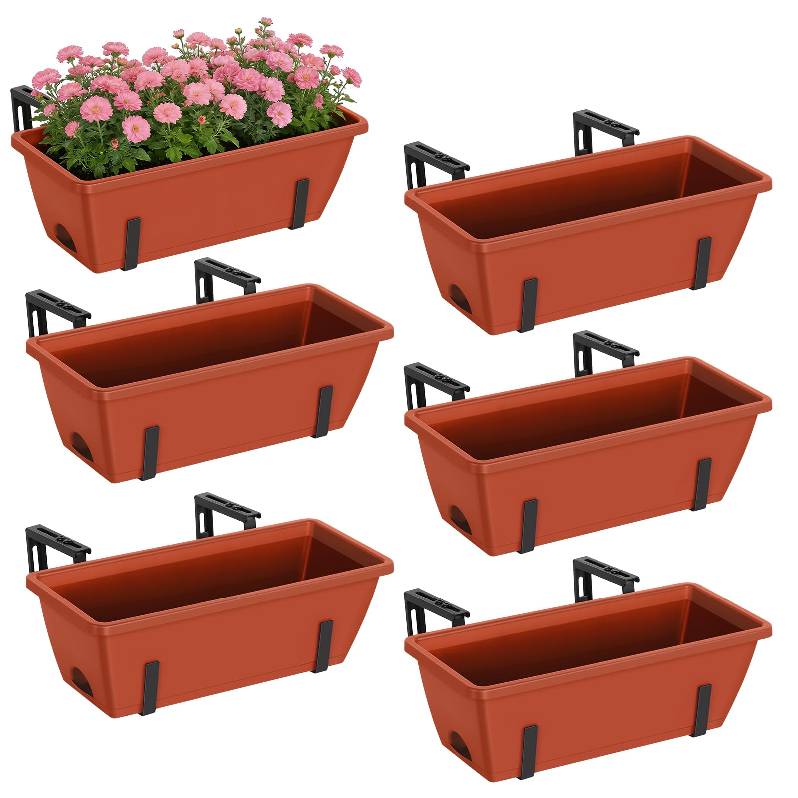 Photo 1 of CADUKE 6 PCS Railing Planter Boxes, Planter Boxes with Adjustable Bracket, 17 Inch Deck Rail Planters for Outdoor Plants, Flower Pots for Balcony Garden Decor, Red