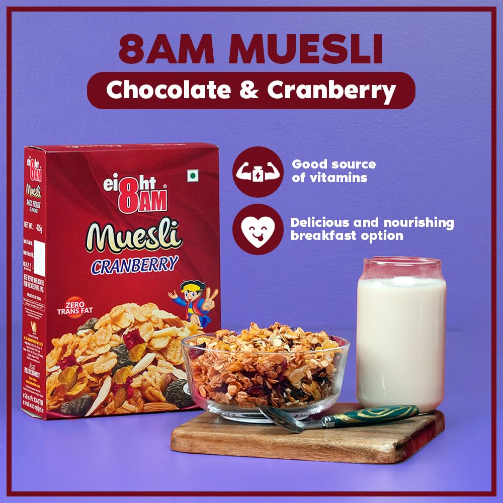 8AM Muesli Cranberry, Tasty, Nutritious and Healthy Snacks, Include Whole Grains and Seeds, 425 gm Set of 2 4
