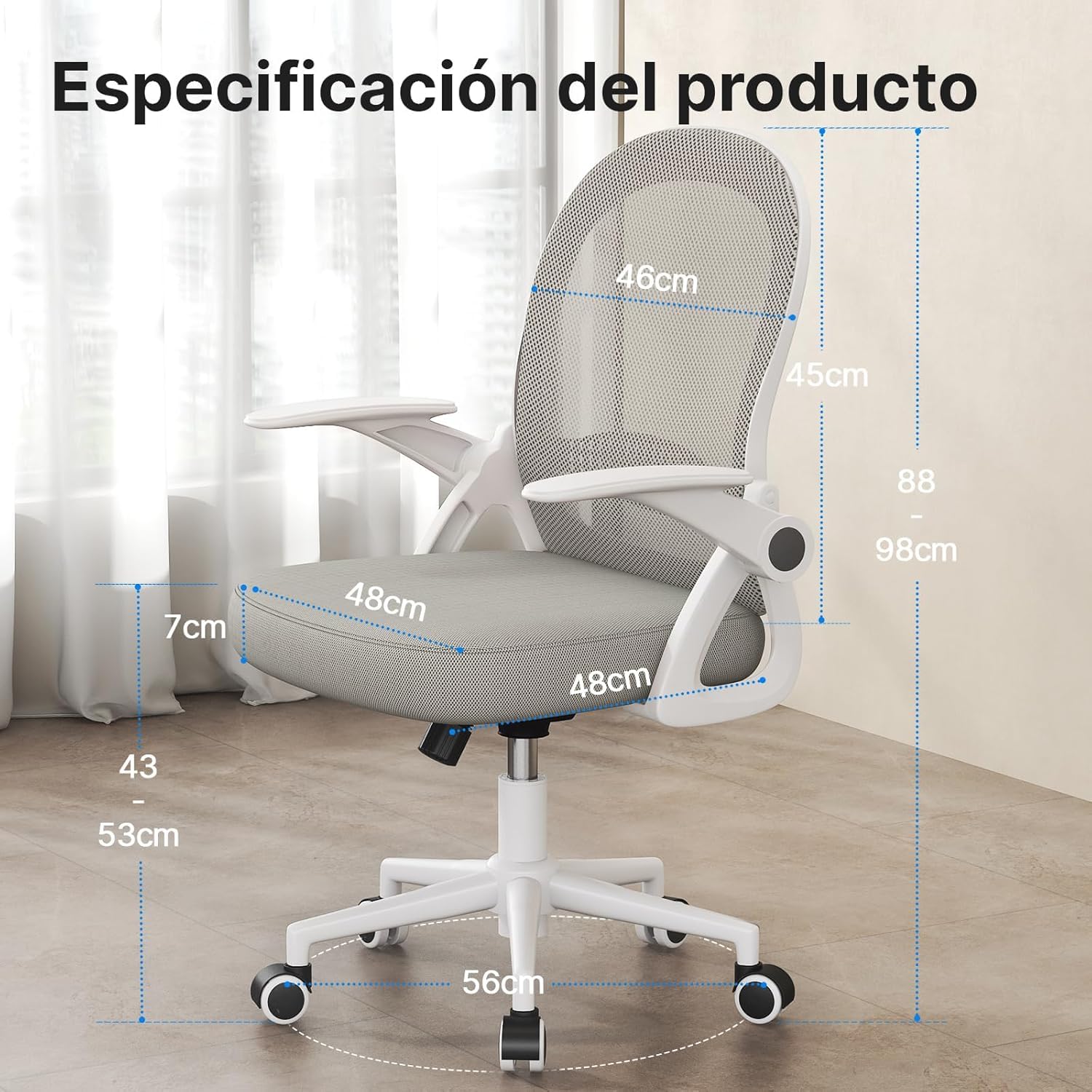 naspaluro Silla de Oficina, Silla de Escritorio Ergonómica con Malla Transpirable, Reposabrazos Abatibles, Silla para Ordenador de Altura Regulable, Silla Giratoria de 360°, Gris