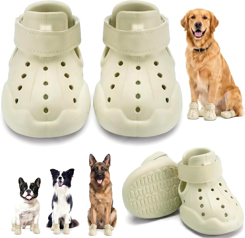 Botas para Cães PETFUN com Solado Antiderrapante, Impermeáveis e com Faixas Refletivas, Creme, Tamanho Médio