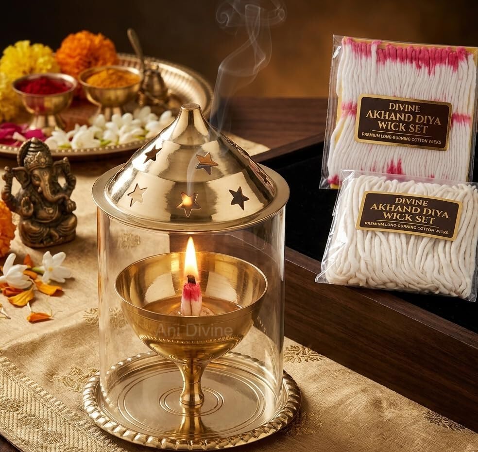 Ani Divine Brass Udipi Akhand Diya Deepam with Borosilicate Glass Cover Big Oil Holder & Free 100 pc White Cotton Long Diya Batti Wicks for Pooja Room, Mandir, Diwali, Navratri Puja-image-46
