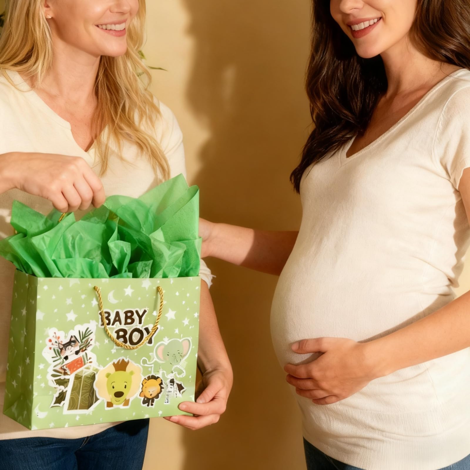 DiffyGo 13" Large Baby Gift Bag for Baby Shower with Tissue Papers and Card (Green)