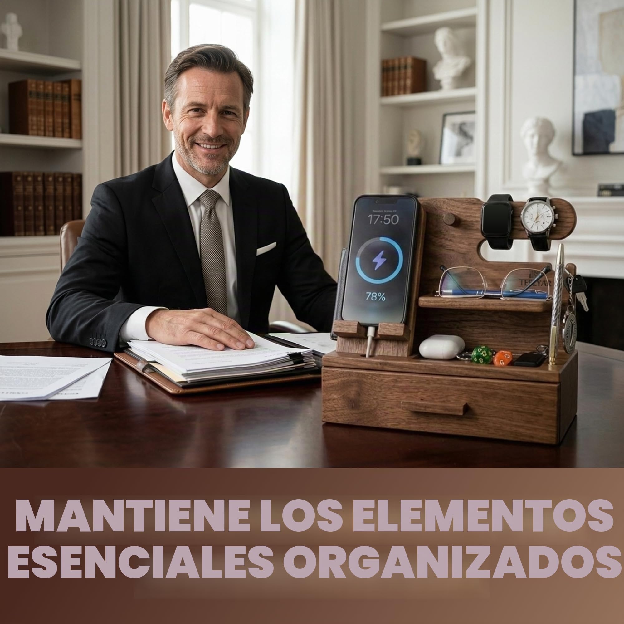 TESLYAR Estación de Acoplamiento de Madera para Teléfono con Cajón Organizador de Escritorio para Marido Regalos de Cumpleaños para Hombres Papá Regalo Padre Dia del Padre Regalos