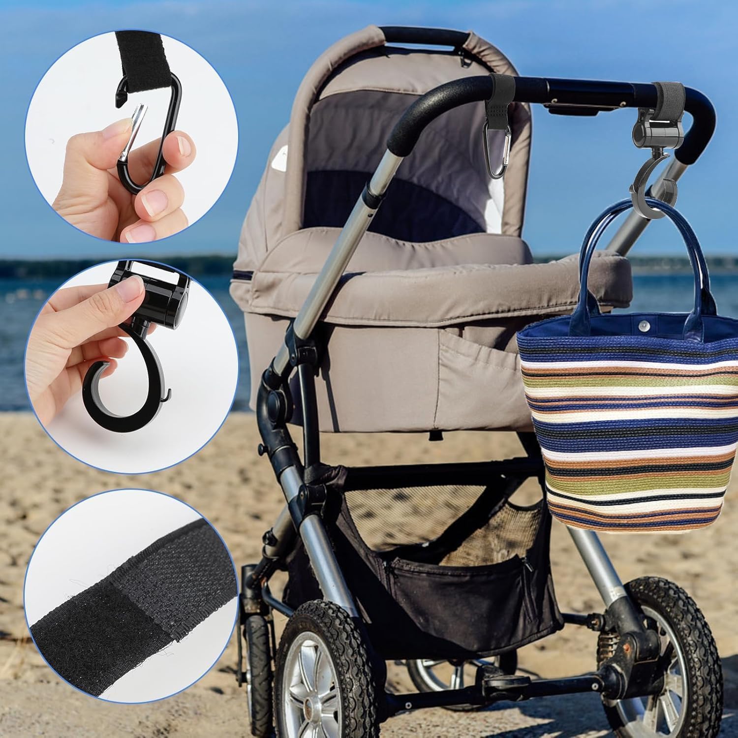 Ganci Passeggino Universali, 4 Pezzi Ganci per Passeggino Rotanti Nero, Ganci per passeggino porta borse,Adatti per Passeggini, Carrelli e Trolley, Facili da Installare e Resistenti