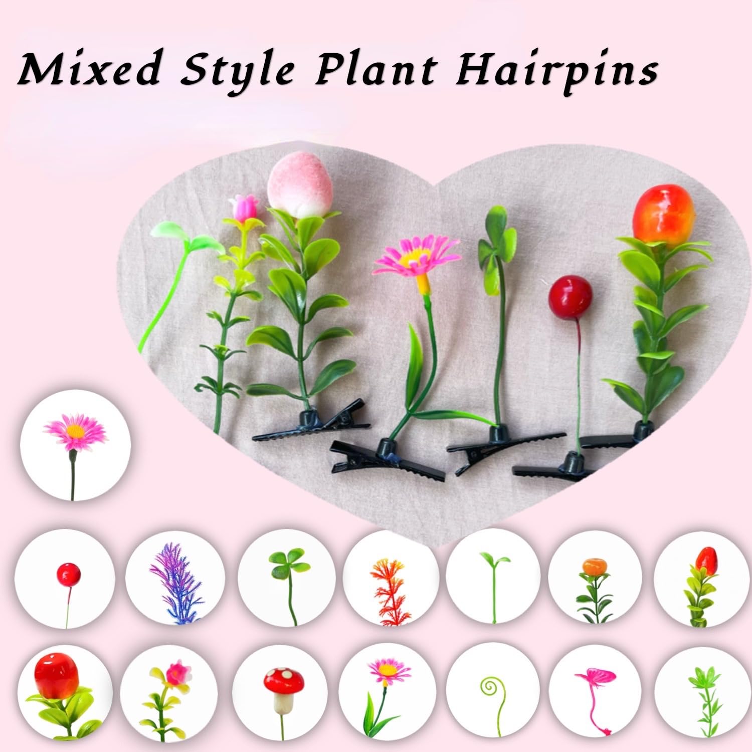 100 horquillas para el pelo de brotes de frijol, horquillas de estilo mixto, horquillas de brotes de flores, mariposas, hierba, hongos, accesorios para el cabello, accesorios para el cabello para