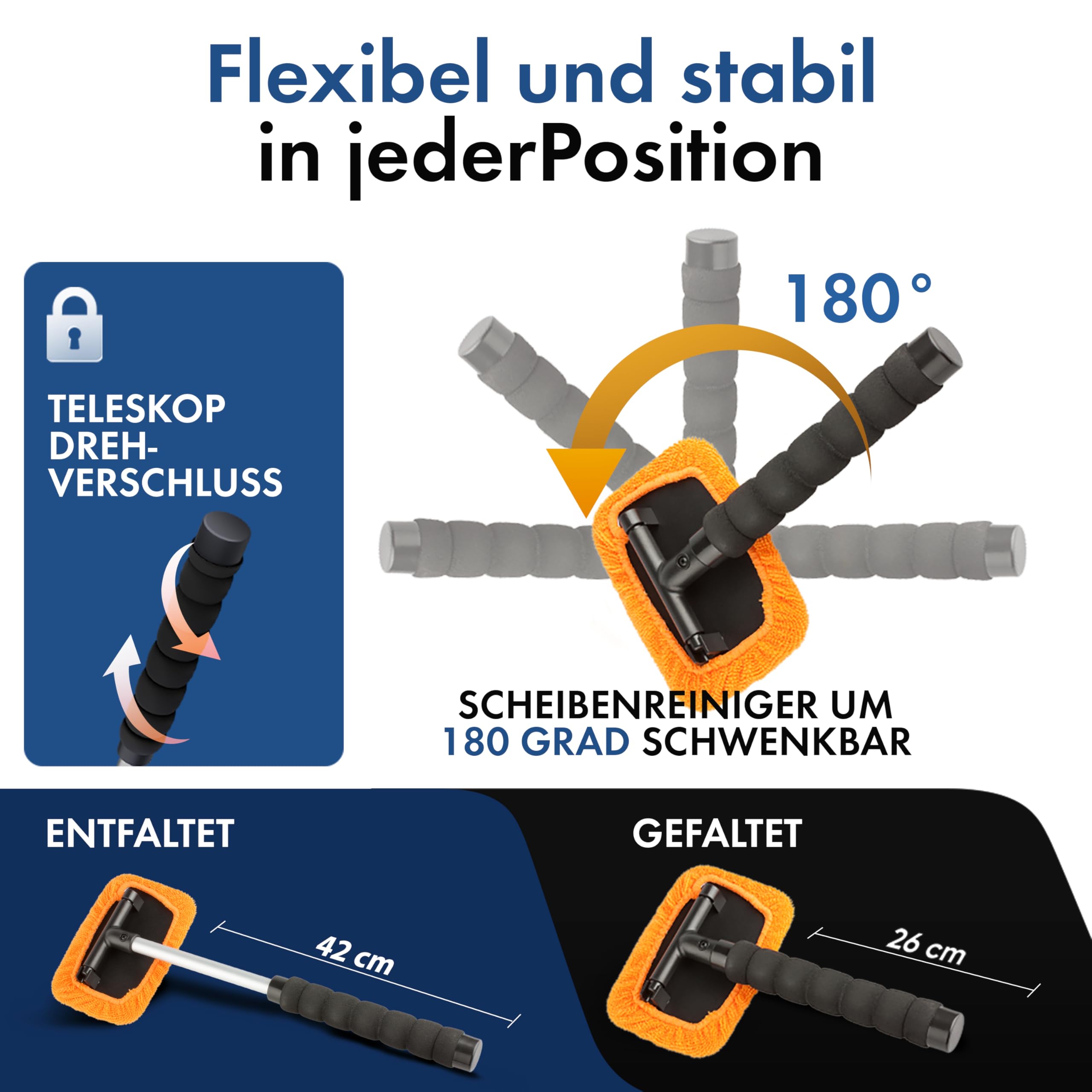 Teleskop-Autoscheibenreiniger Für Innenraum | Weiche, Rutschfeste Mikrofaser, Klappbar, Einfach Zu Handhaben (43 Cm)
