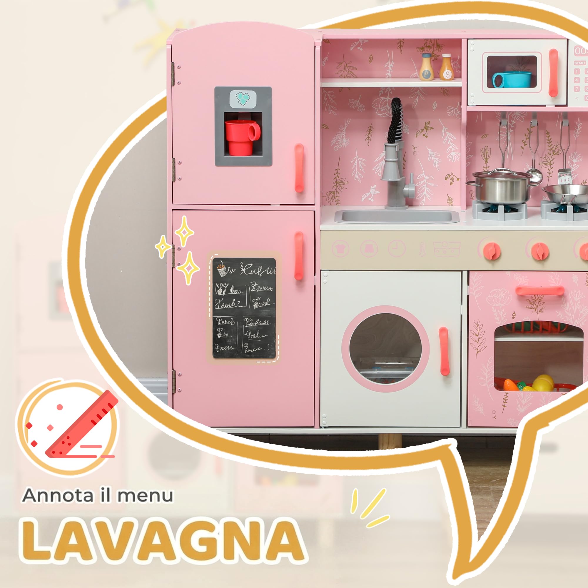 AIYAPLAY Cucina Giocattolo in Legno per Bambini 3+ Anni con Fornelli, Rosa