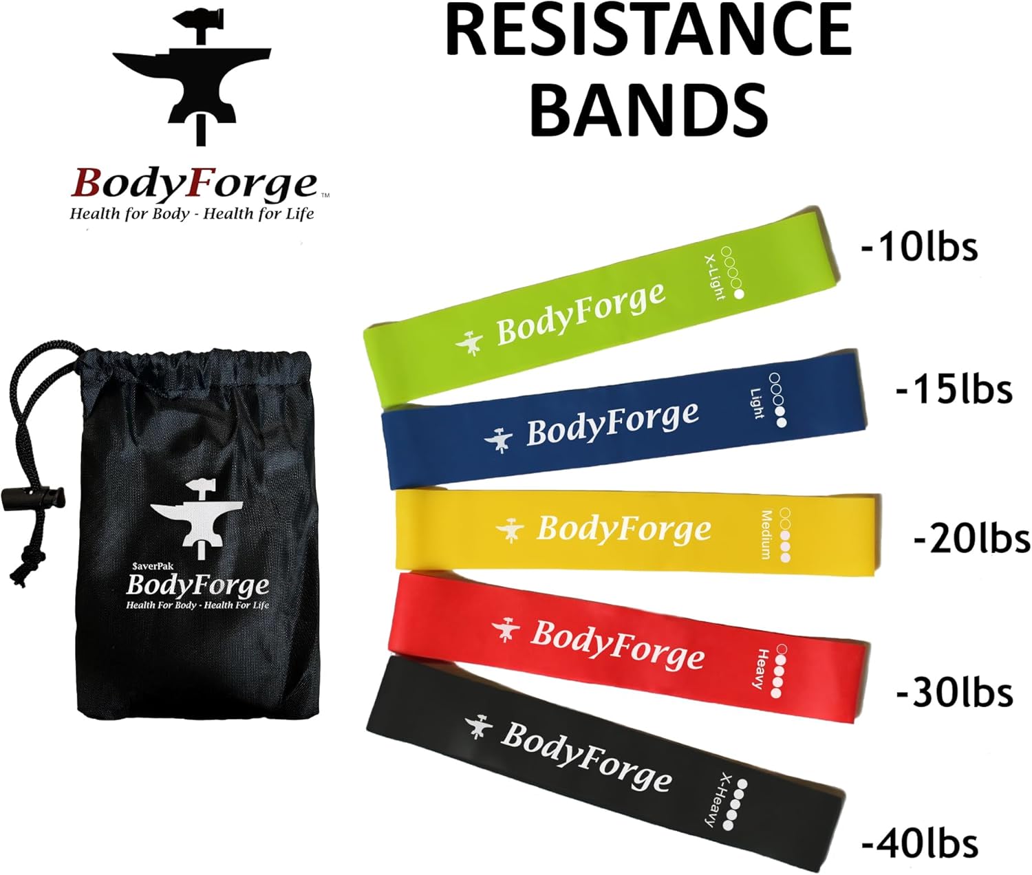 BodyForge Yoga Mat Thick Exercise Mat Thick Non-Slip Extra Thick High-Density Pilates & Resistance Exercise Loop Exercise Bands with Instruction Guide and Carry Bag, Set of 5 Bundle