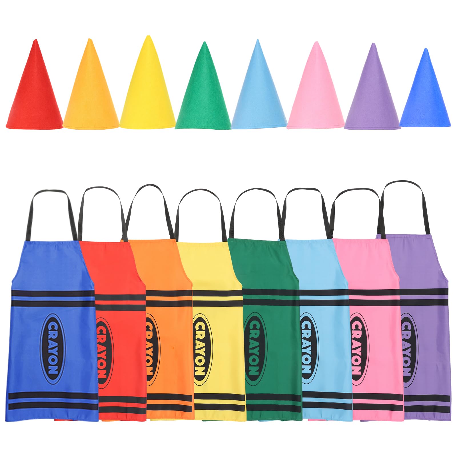 CBWERBB 8Pcs Crayon Apron Costume Set,8 Colors Fancy Crayon Apron and Funny Gnome Cone Hat Group Crayons Outfit for Adults Family Men Women Dress Suit for School Group Cosplay Dress Up — image 1