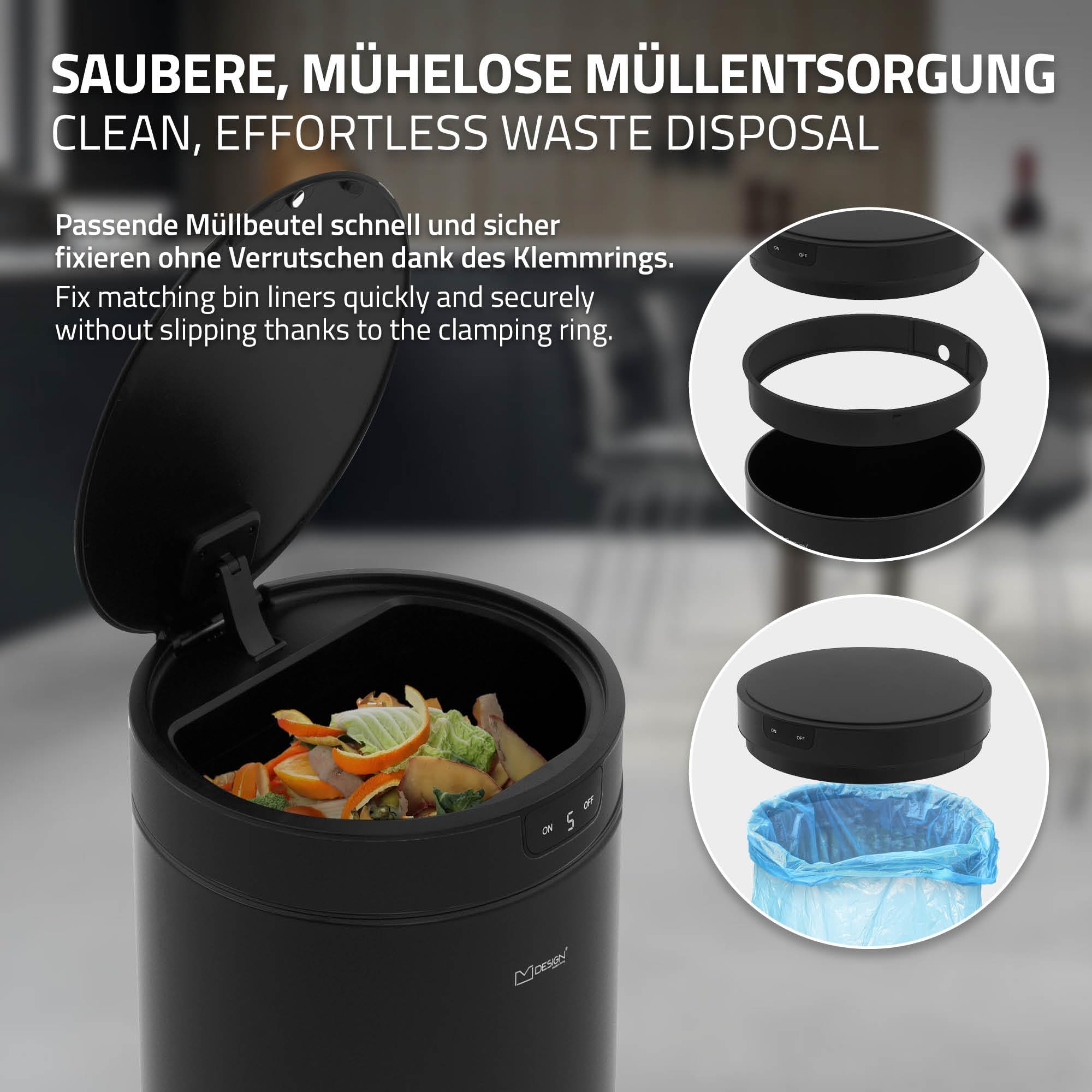 ML-Design Cubo de Basura con Sensor de Movimiento Inteligente Papelera Redonda con Apertura y Cierre Automática 40L Acero Inoxidable Negro Tapa con Pantalla LED y Anillo de Sujeción para Bolsas