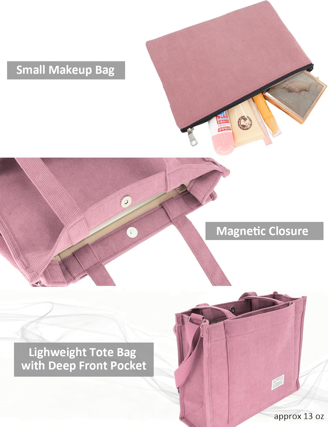 UERRUAM Tote Bag for Women,Lightweight Corduroy Tote Bag 2pcs,Shoulder Crossbody Bag for Work,Everyday,College,Hard Bottom - Image 5