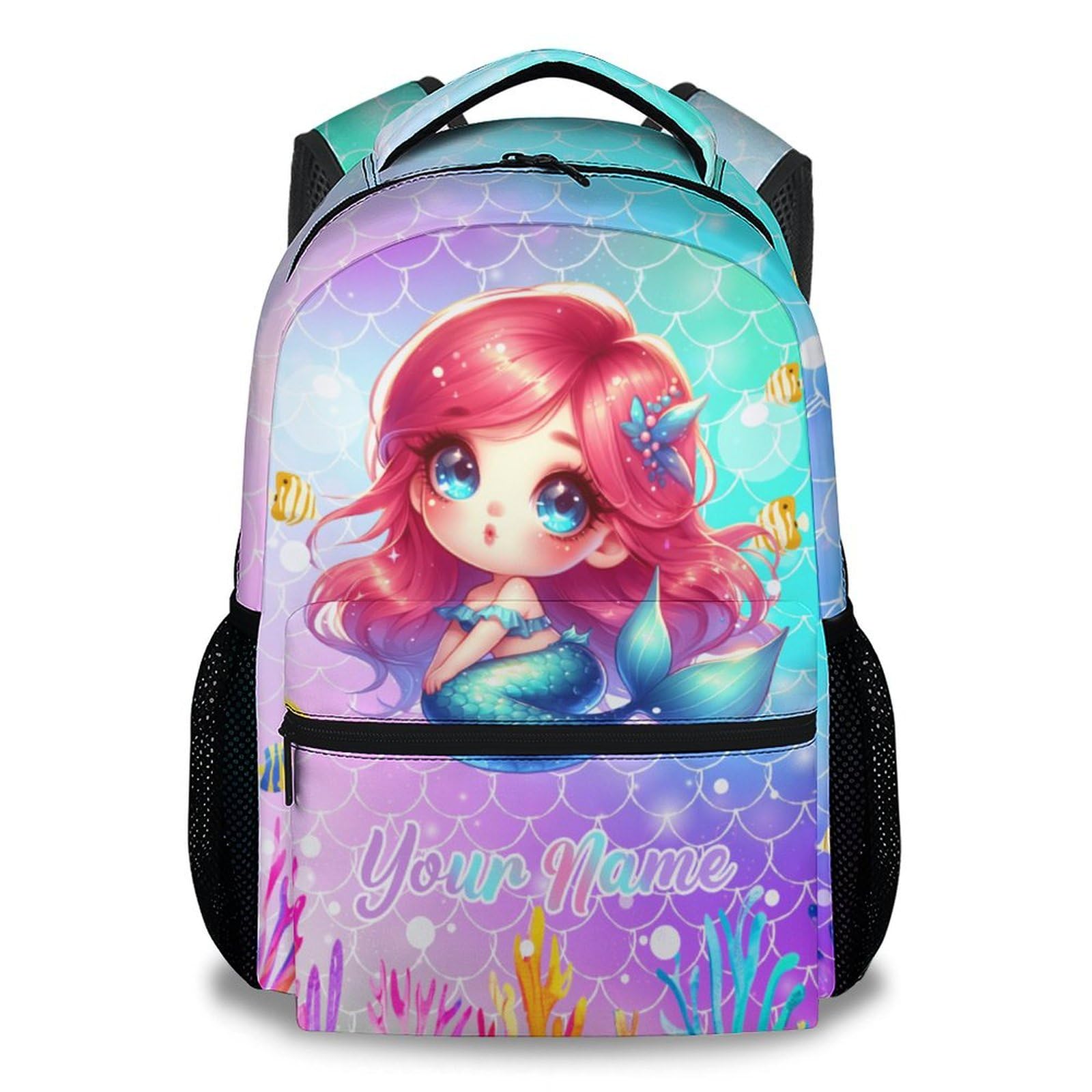 MEETUHONEY Custom Girls Backpack, 17 Inch Cute Mermaid Backpacks for Age 4-6, Green Portable Large Capacity for Kindergarten, Elementary School