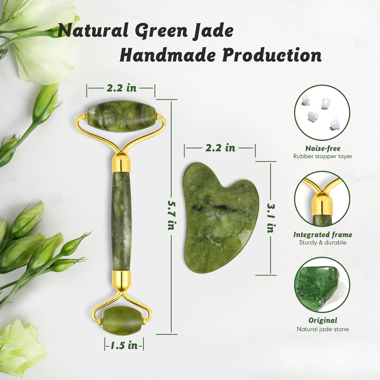 KEMETHY Jade Roller & Gua Sha Set Face Roller Anti-Aging Facial Roller Natural Green Jade Beauty Massager Tool Skin Care Tool for Face Neck Eye to Reduce Wrinkles Airtight (Pack of 1) 1