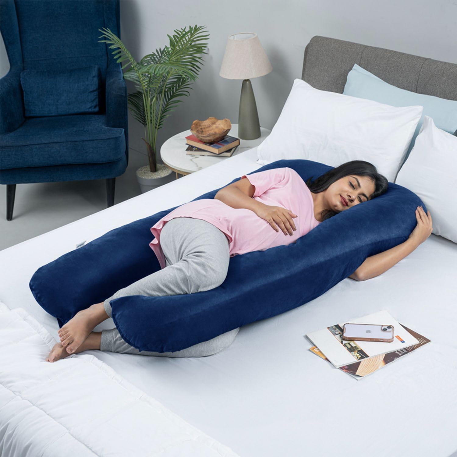 Wakefit Pregnancy Pillow | 3 Month Warranty | Velvet U-Shape Maternity Pillow for Pregnant Mothers, Pillow for Pregnant Women | Dark Blue