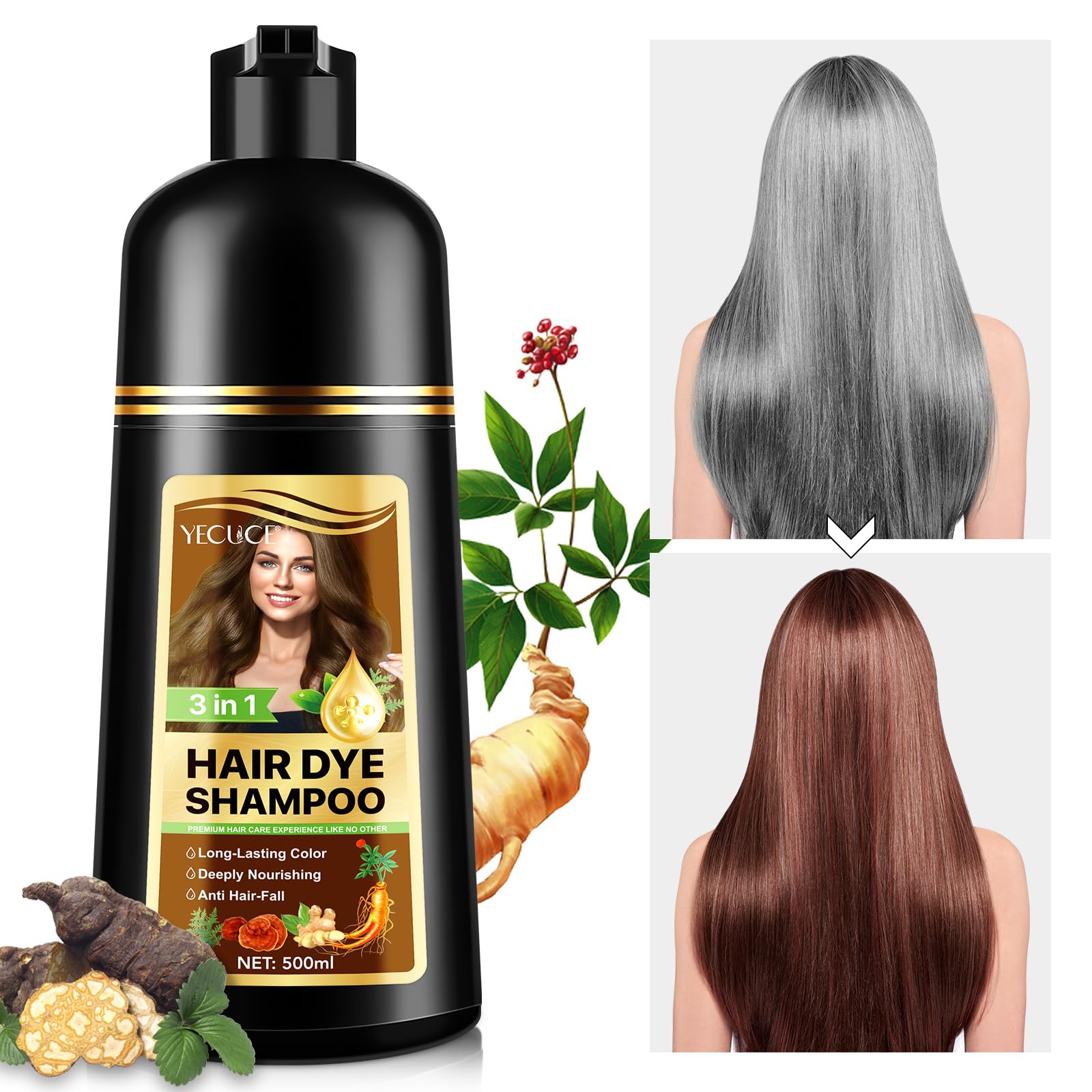 Black Hair Dye Shampoo 3 in 1, Hair Color Shampoo for Cover Grey