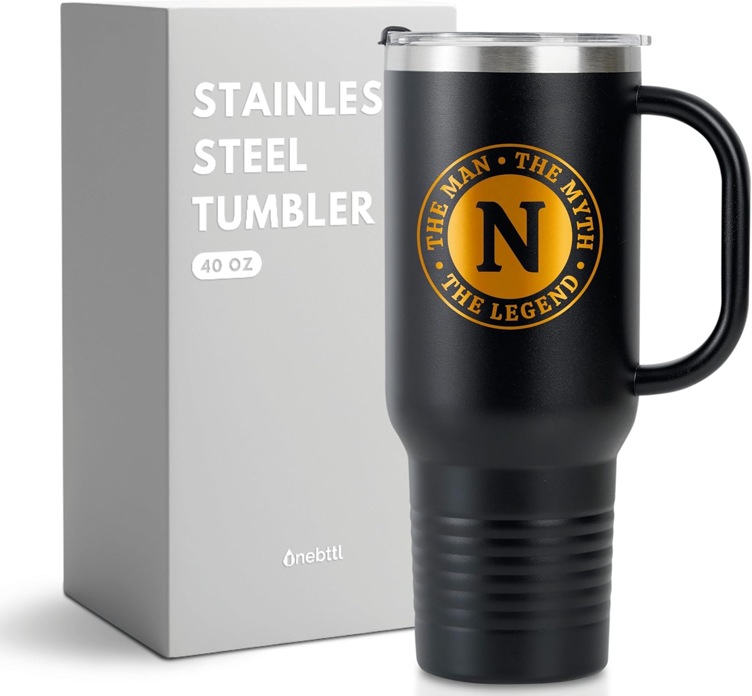 the Man the Myth the Legend, Monogrammed 40oz Tumbler with Handle for Men, Funny Personalized Travel Mug, Unique Birthday Christmas Gifts for Him, N