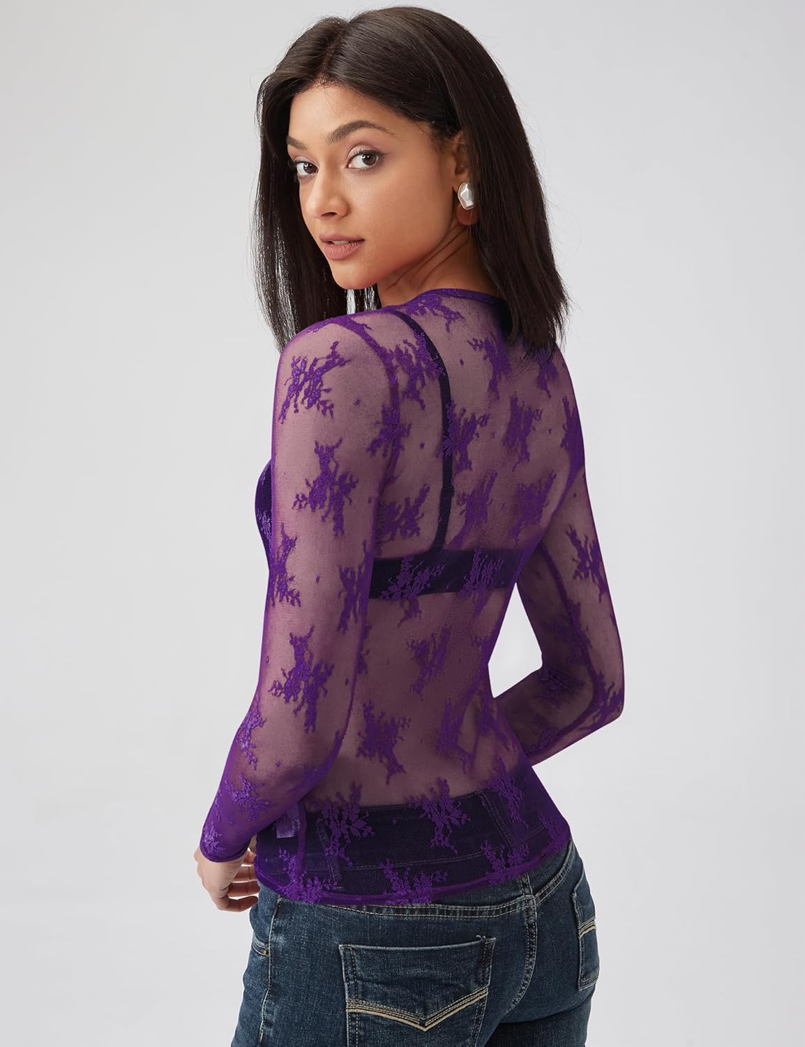 AKEWEI Womens Mesh Long Sleeve Tops Crew Neck Sexy See Through Tee Shirts Party Club Night Lace Blouse - Image 2