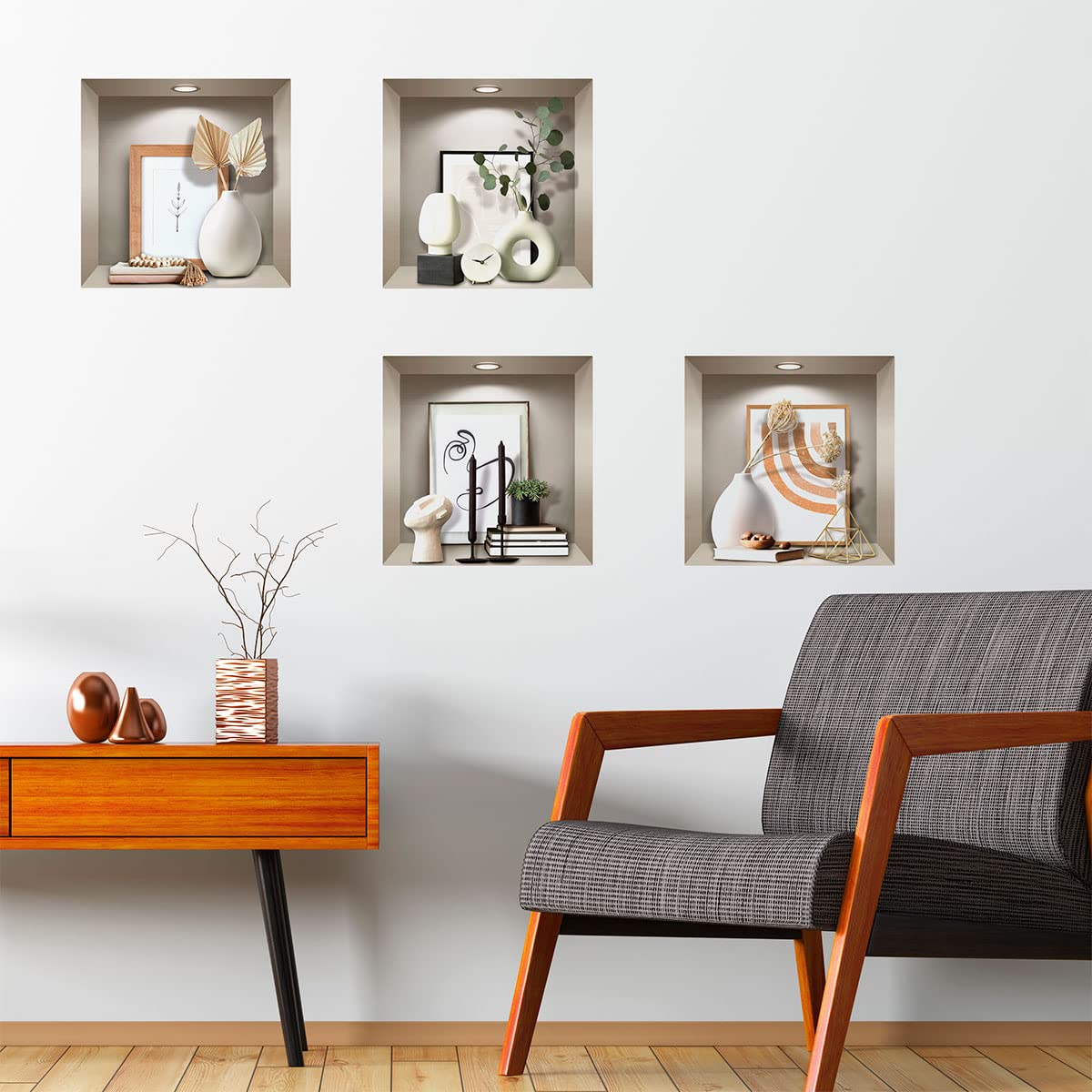 3D-Aufkleber, selbstklebend, 3D-Effekt, Vasen und Design-Objekte – Wandaufkleber für Schlafzimmer Erwachsene 3D – Dekoration Wohnzimmer – Wandaufkleber Schlafzimmer, 60 x 60 cm