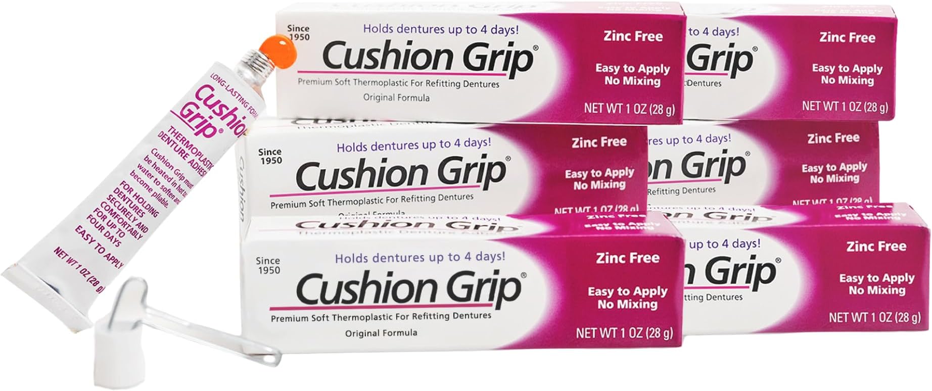 Cushion Grip Thermoplastic Denture Adhesive – Refits & Tightens Loose Dentures, Works Like a Denture Reliner for a Long-Lasting, Secure Fit, Cushions Gums, Waterproof & Zinc-Free - 1 oz (Pack of 6)