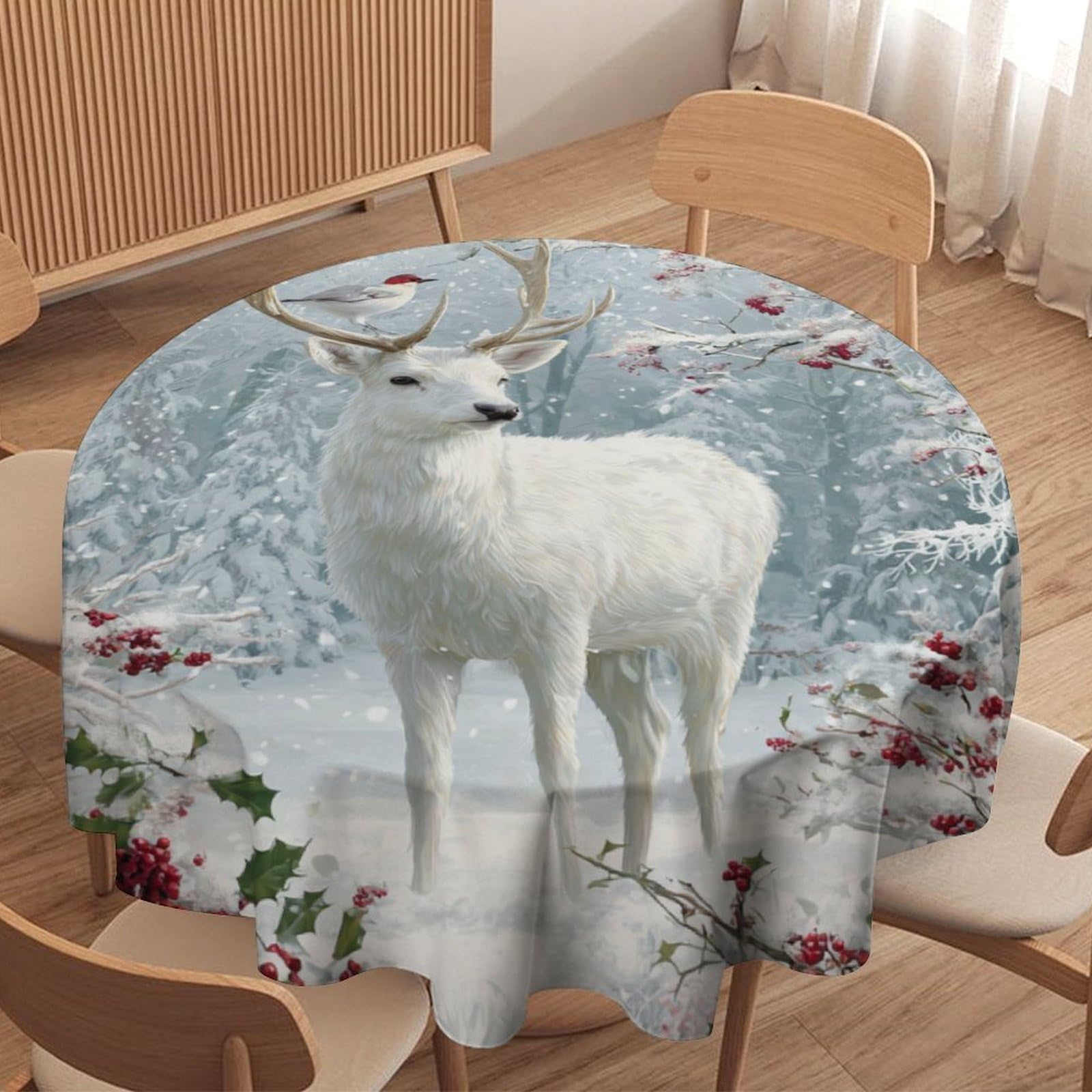 LUYYSKY Watercolor Aesthetic Animal Deer Waterproof Round Tablecloth Classic Realistic Christmas Winter Snow Scenery Wildlife Elk Bird Washable Table Cover for Kitchen-152.4" Wx152.4 L cm