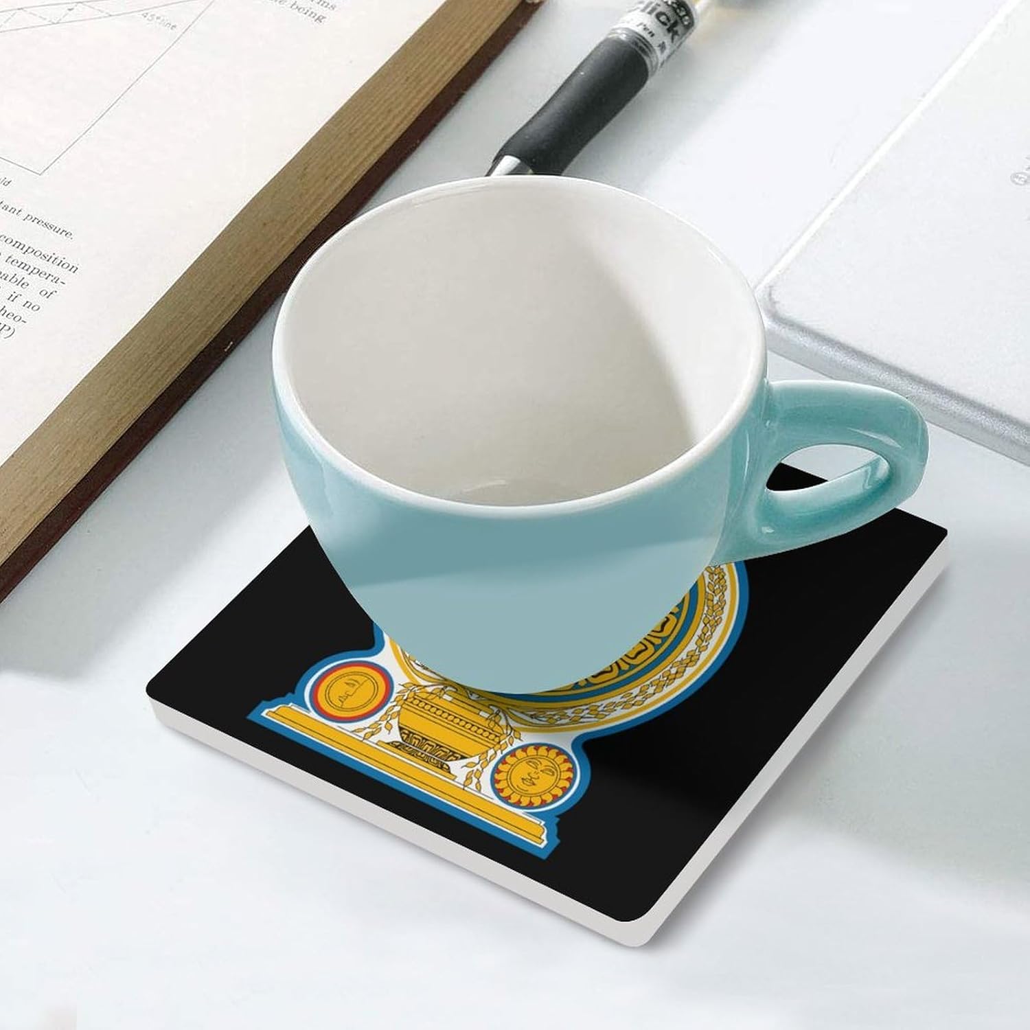 Emblem of Sri Lanka Funny Ceramic Coasters for Drinks Absorbent Cup Holder Tabletop Protector with Cork Base